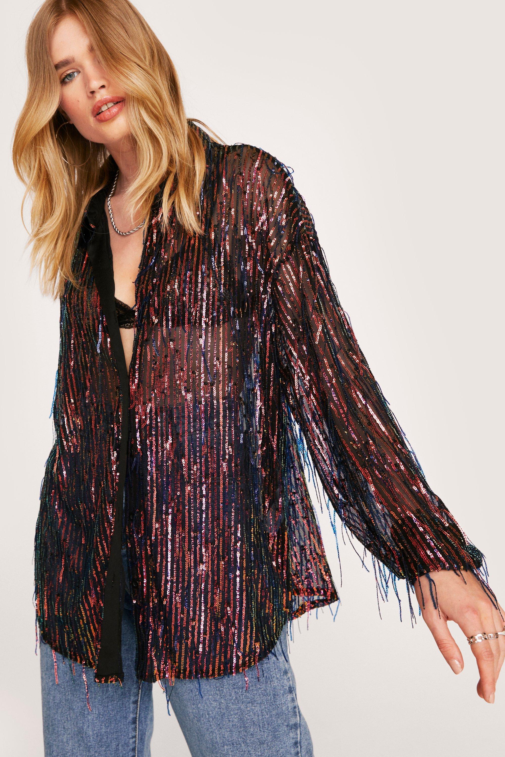 Sequin Detail Button Down Longline Blouse