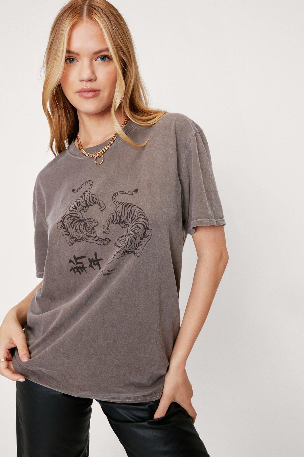 Brown Tiger Washed Short Sleeve Graphic T-Shirt image number 1