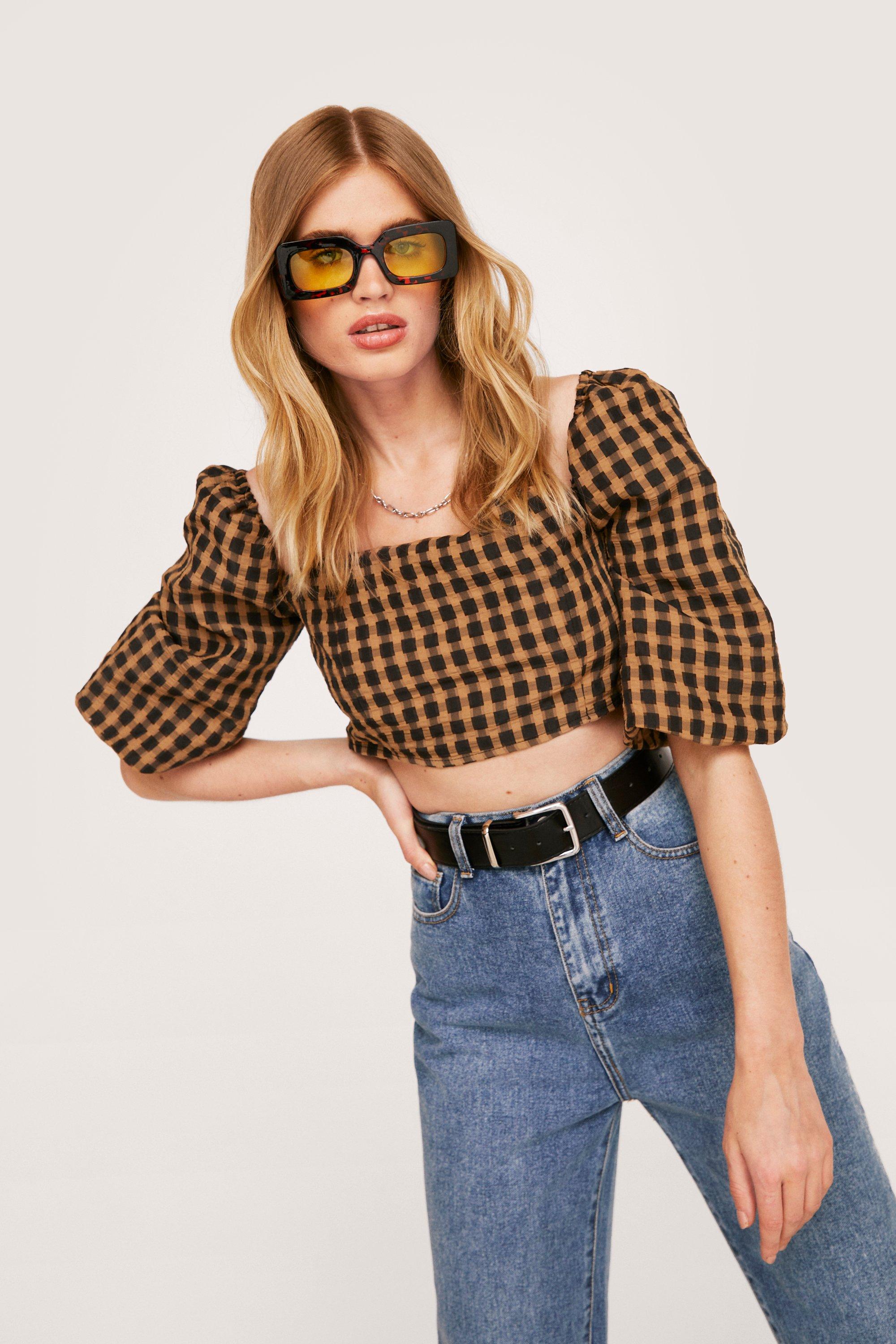 gingham puff sleeve crop top