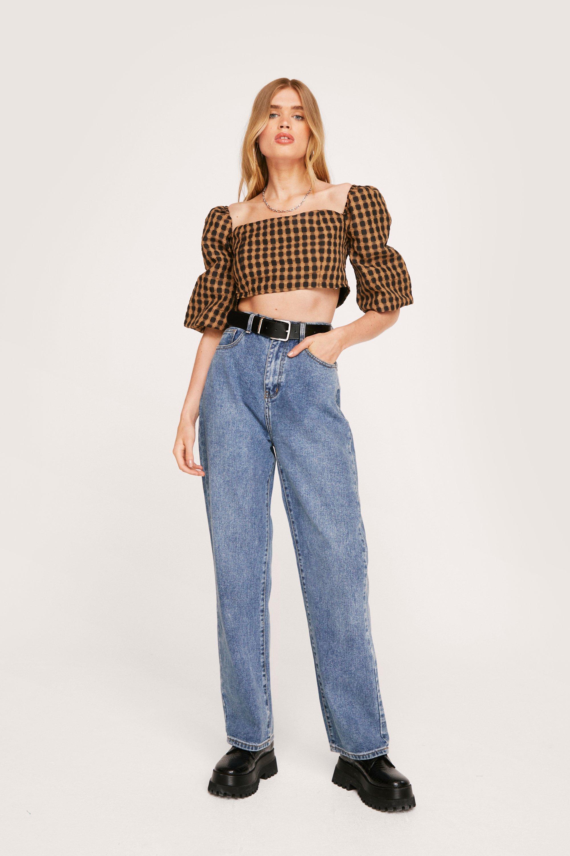 gingham puff sleeve crop top