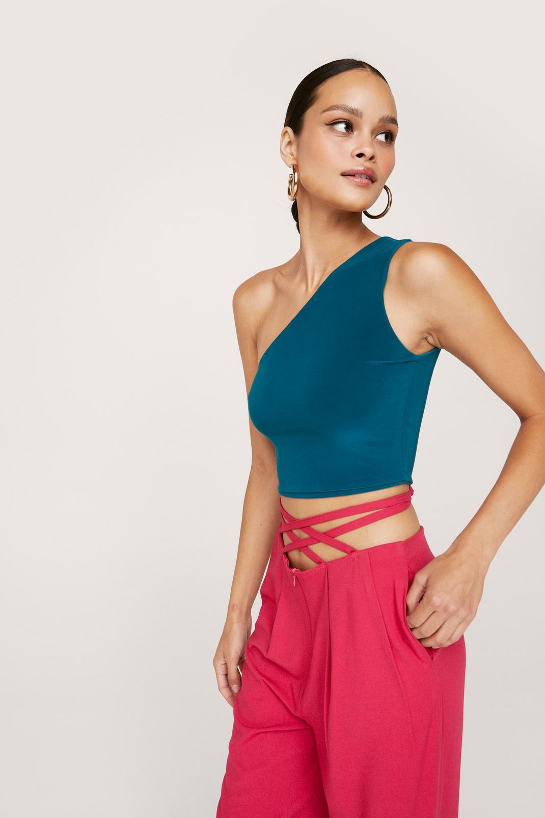 Turquoise One Shoulder Ribbed Crop Top image number 1