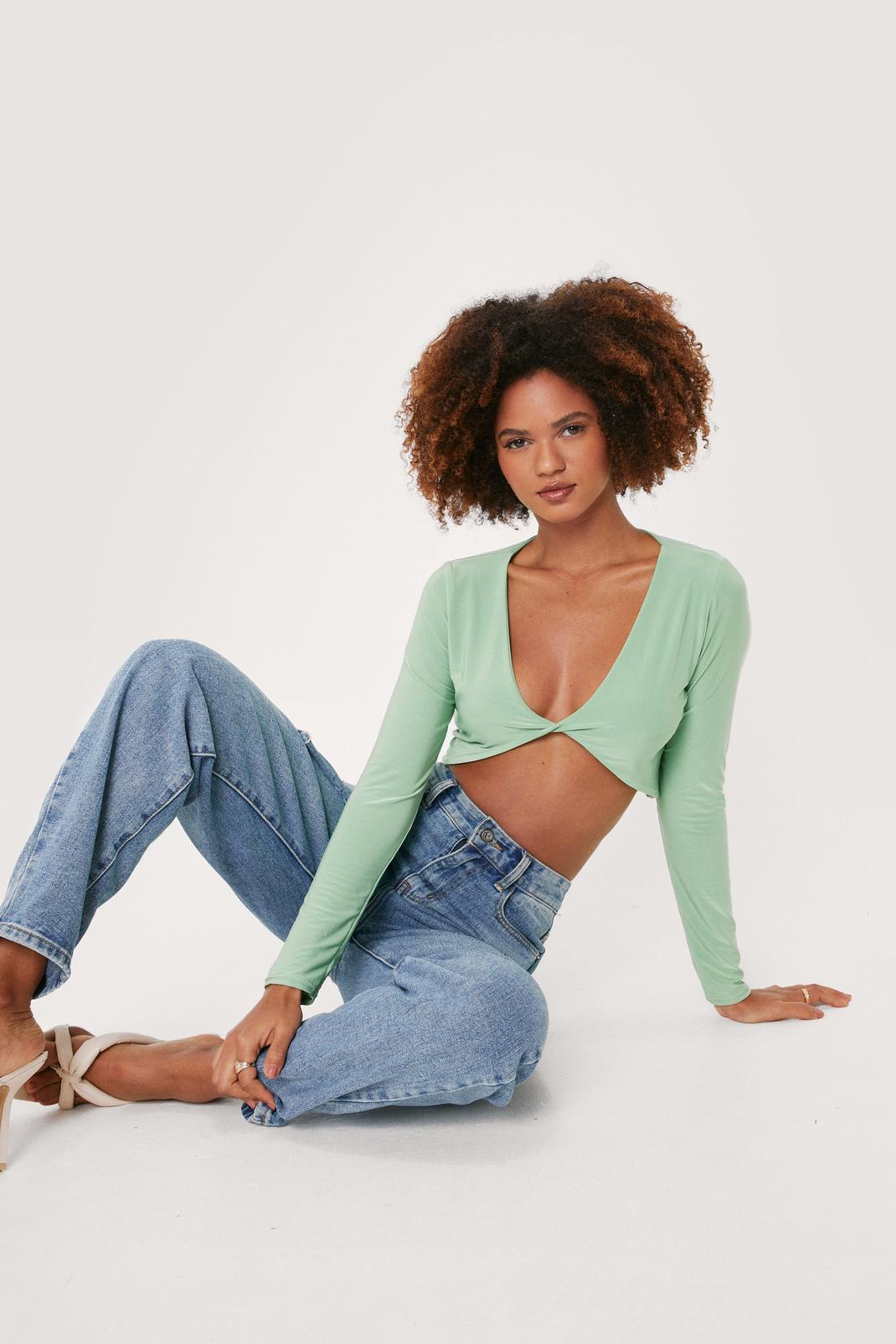 Green Striped Twist Front Double Slinky Crop Top image number 1