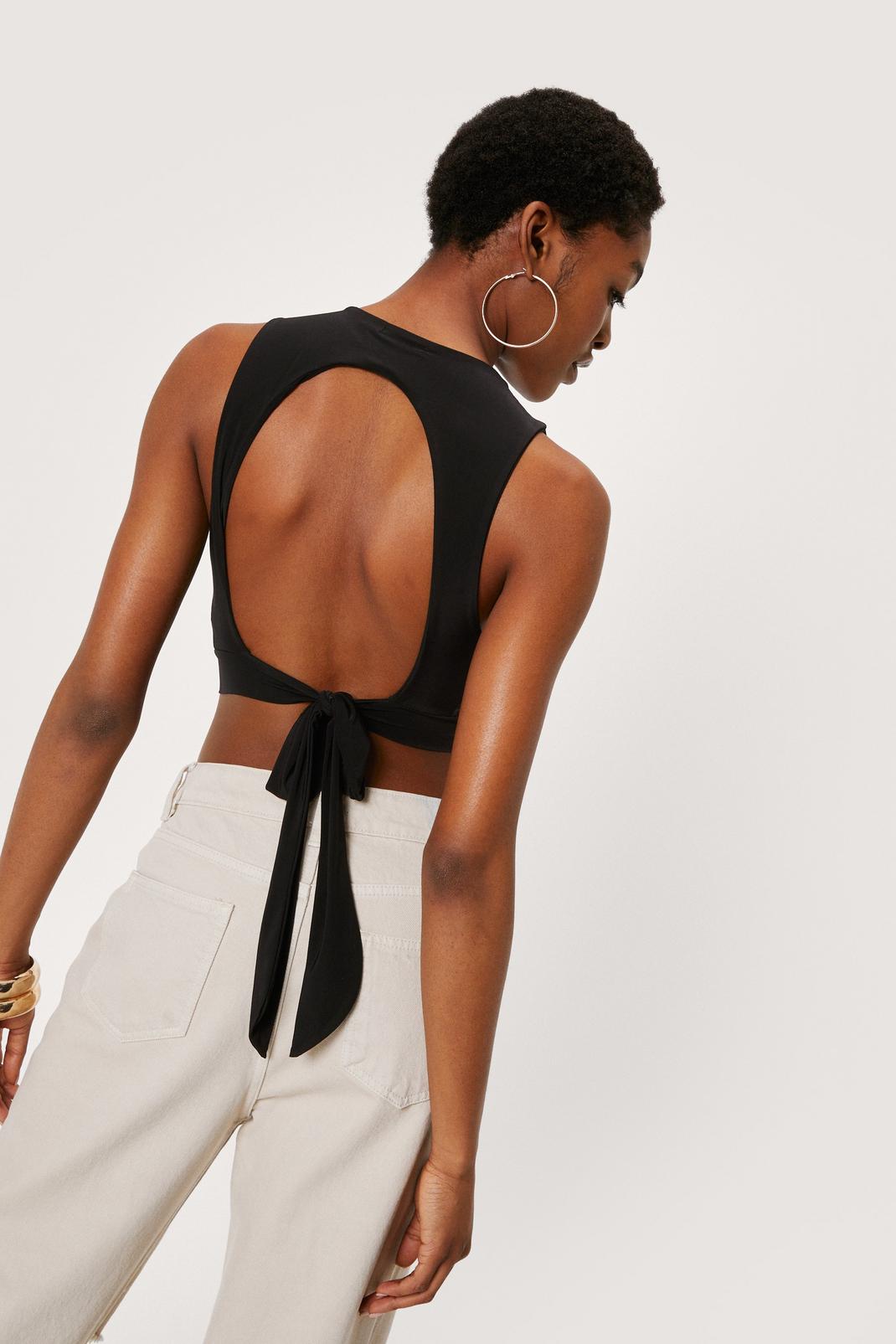 Black Backless Tie Fitted Crop Top image number 1