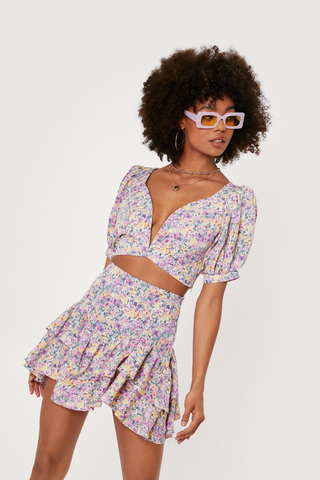 Purple Floral Short Sleeve Two Piece Crop Top image number 1