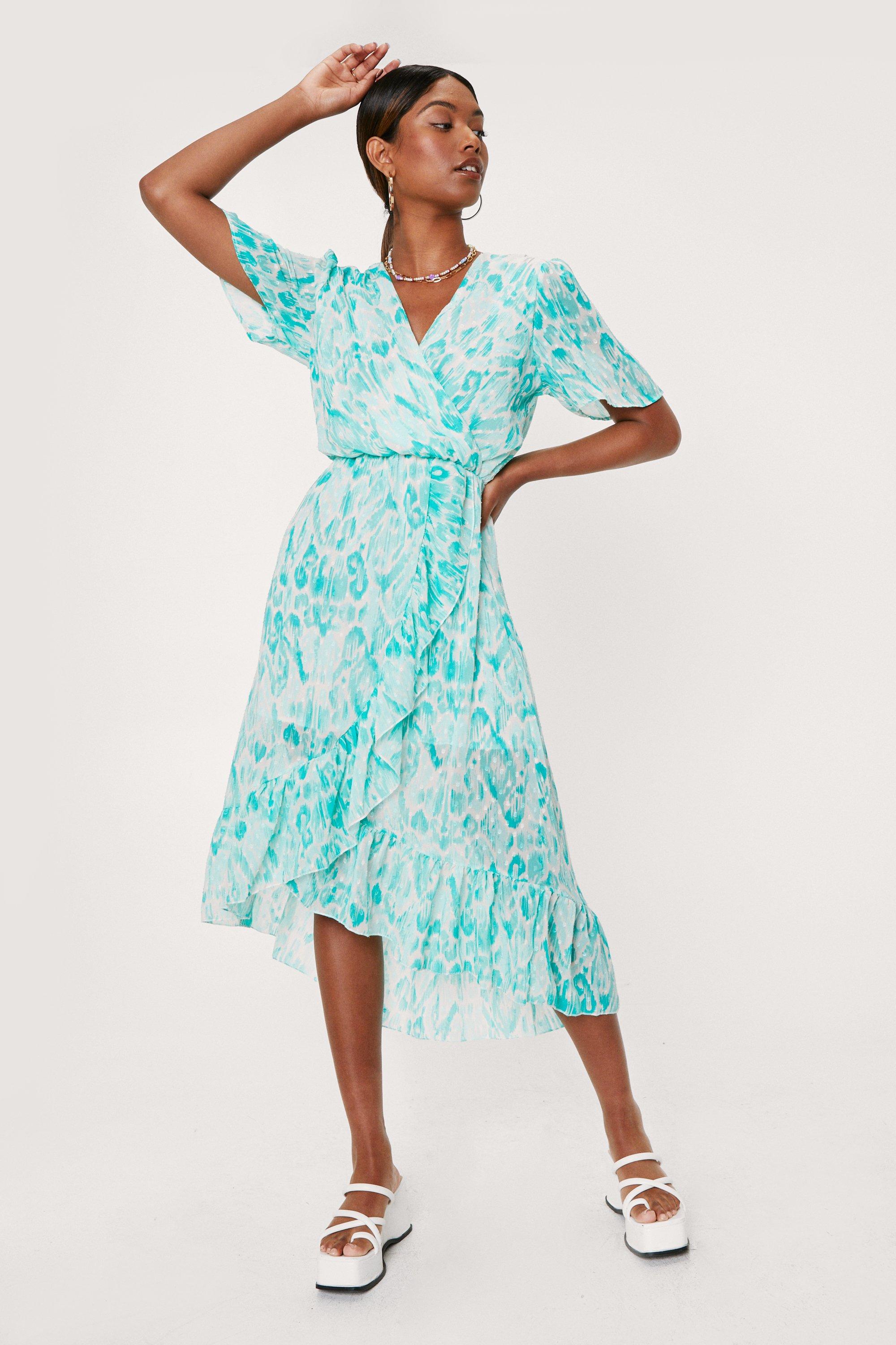 Abstract Print Ruffle Detail Wrap Midi Dress | Nasty Gal