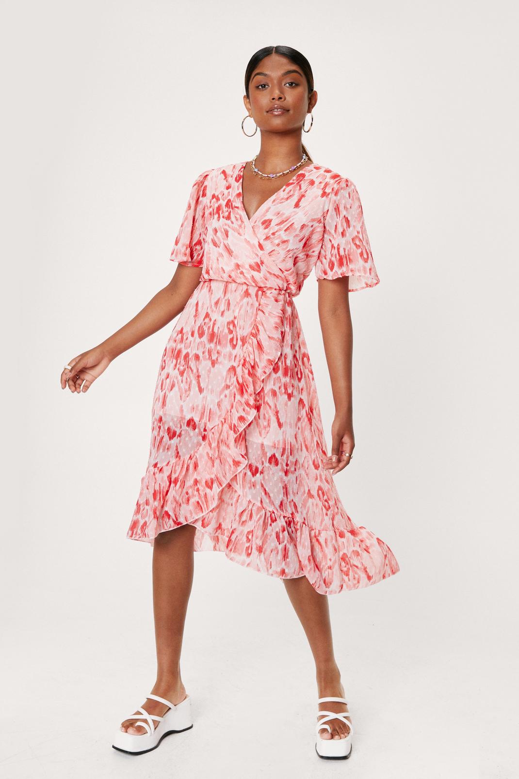 Red Abstract Print Ruffle Detail Wrap Midi Dress image number 1