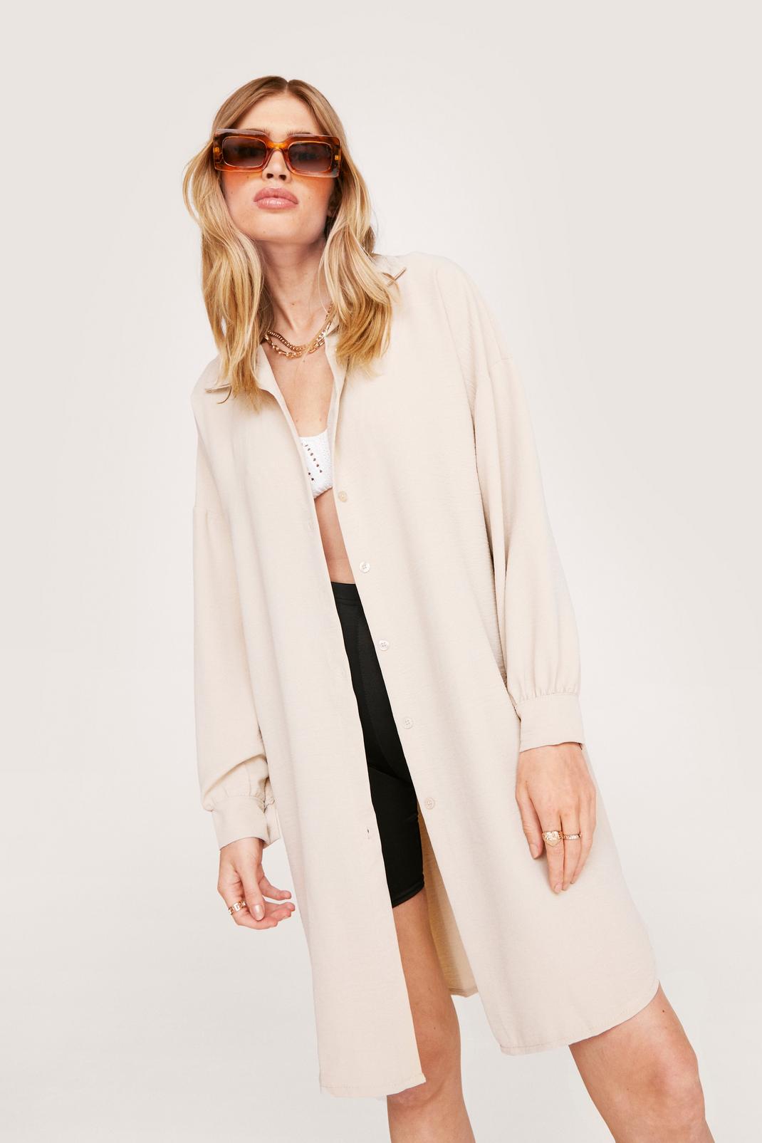 Beige Crinkle Oversized Longline Button Down Shirt image number 1