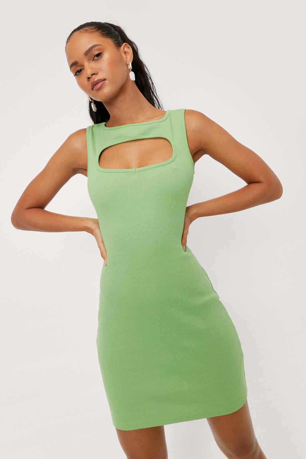 Green Cut Out Ribbed Bodycon Mini Dress image number 1