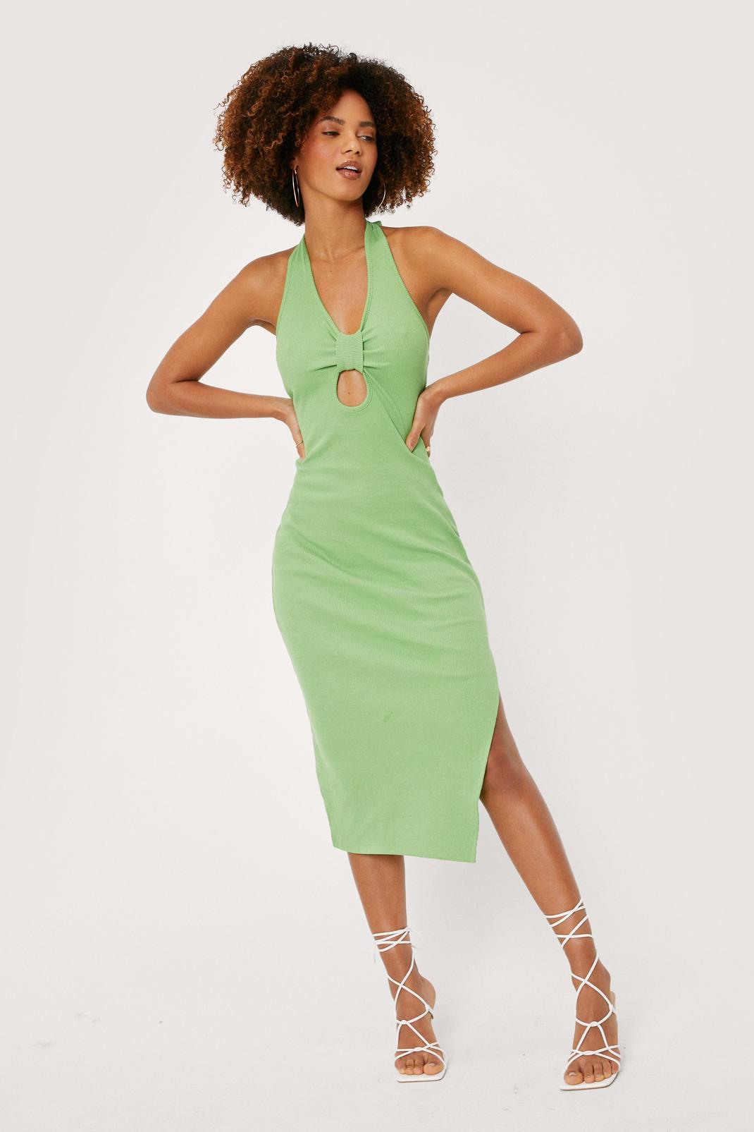 Green Knot Front Ribbed Midi Bodycon Dress image number 1