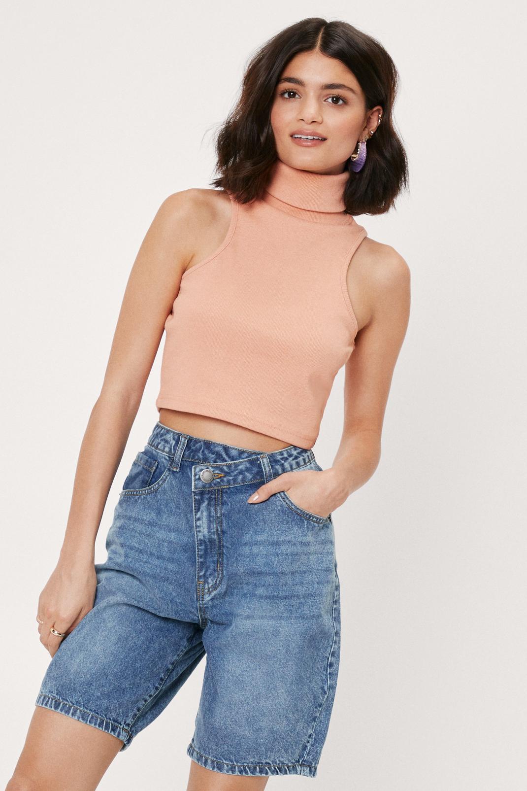 Peach Ribbed Turtleneck Sleeveless Crop Top image number 1