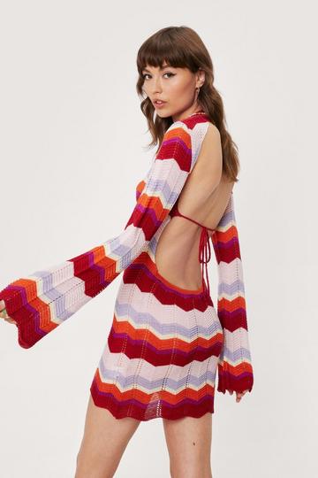 Crochet Stripe Tie Open Back Mini Dress red