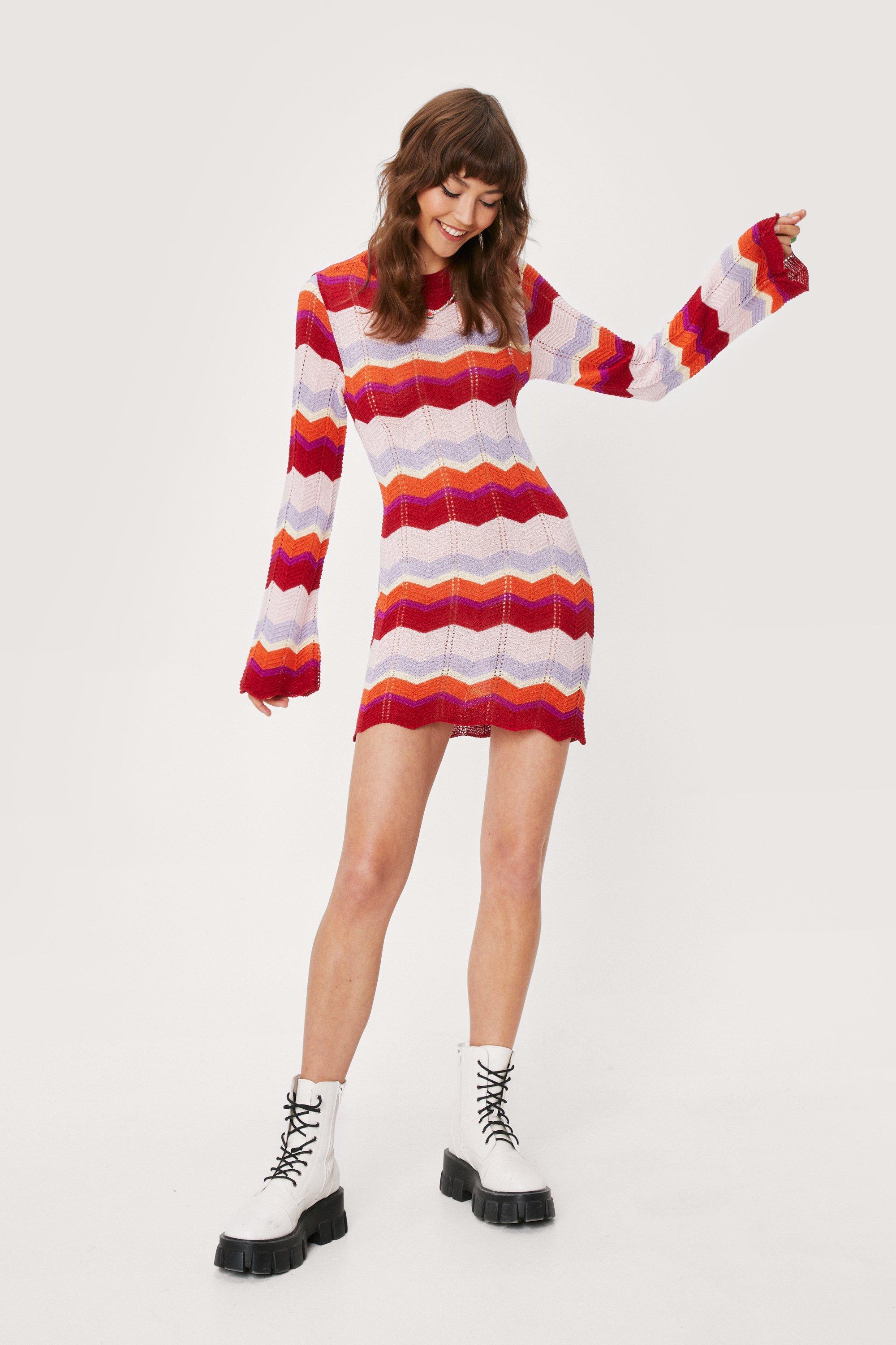 Crochet Stripe Tie Open Back Mini Dress