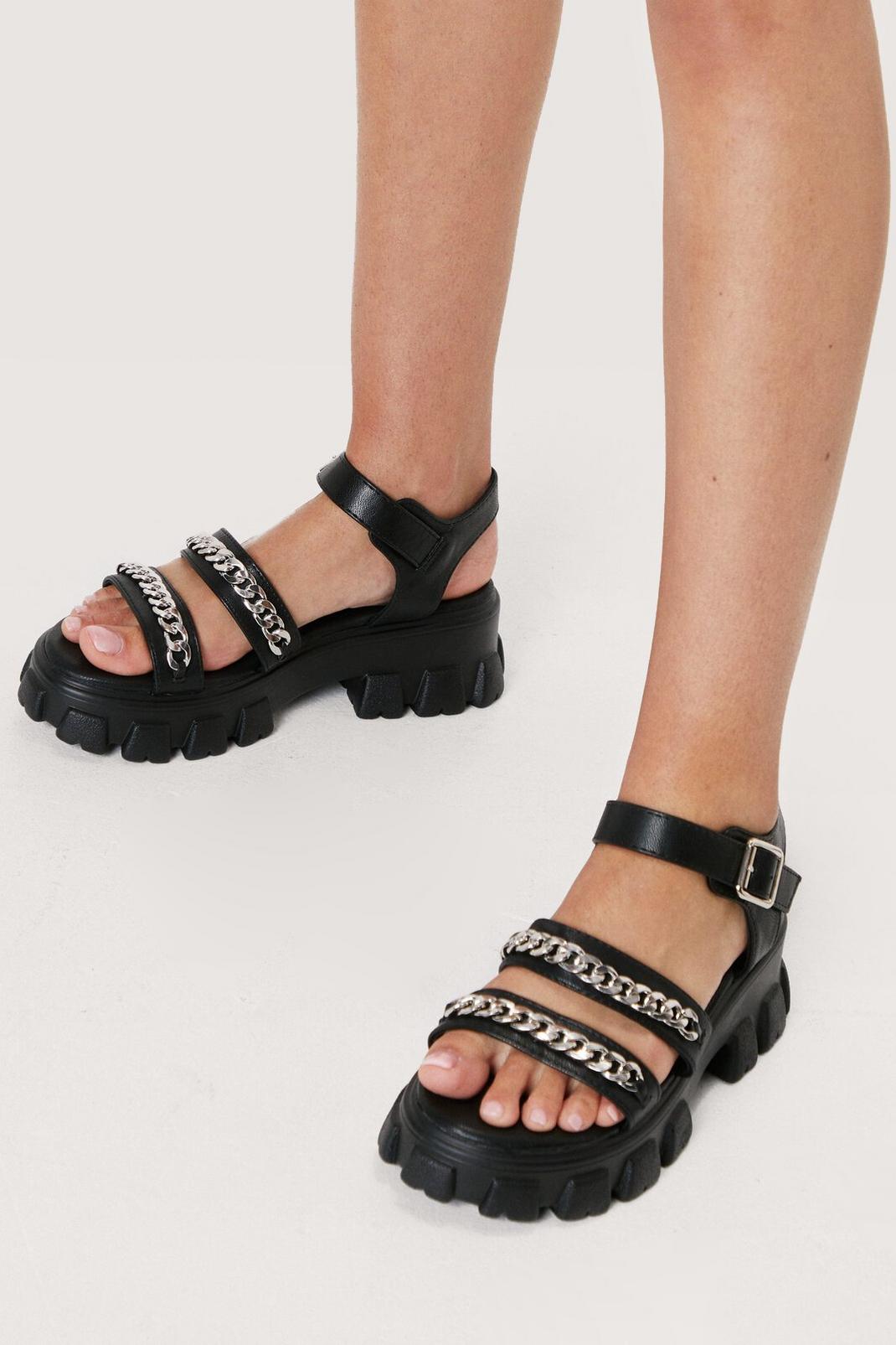 Black Faux Leather Cleated Chain Buckle Sandals image number 1