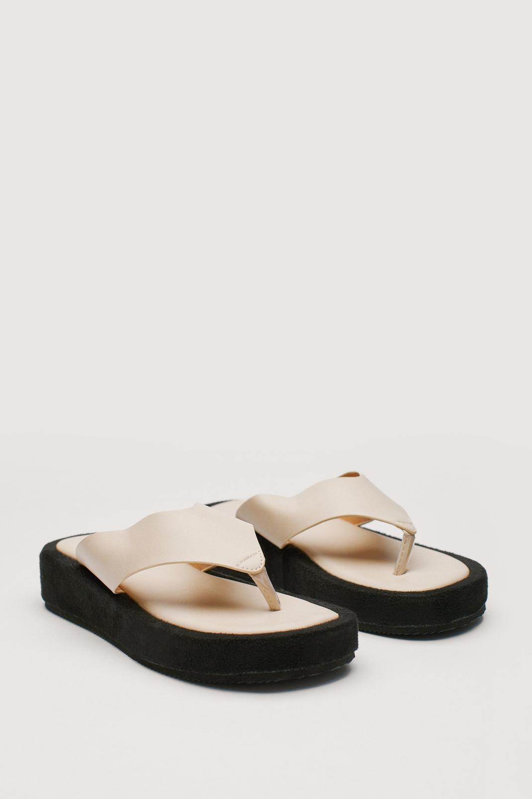 Beige Faux Leather Toe Thong Flatform Sandals image number 1