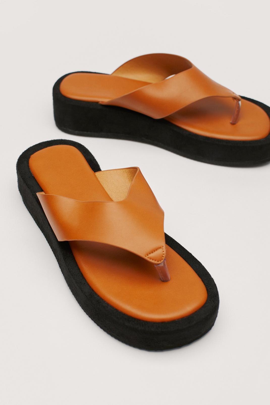 Tan Faux Leather Toe Thong Flatform Sandals image number 1