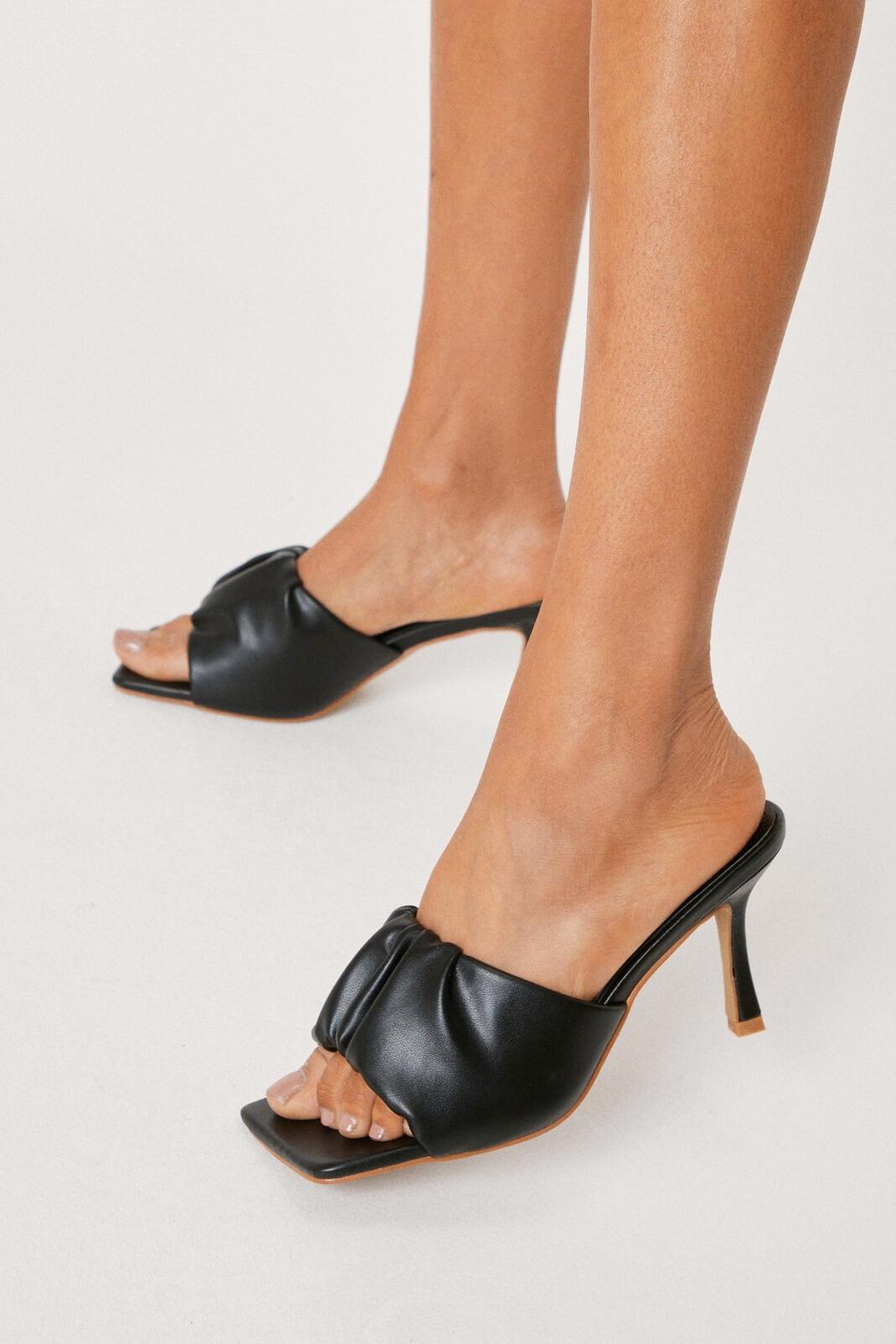 Black Faux Leather Ruched Heeled Mules image number 1
