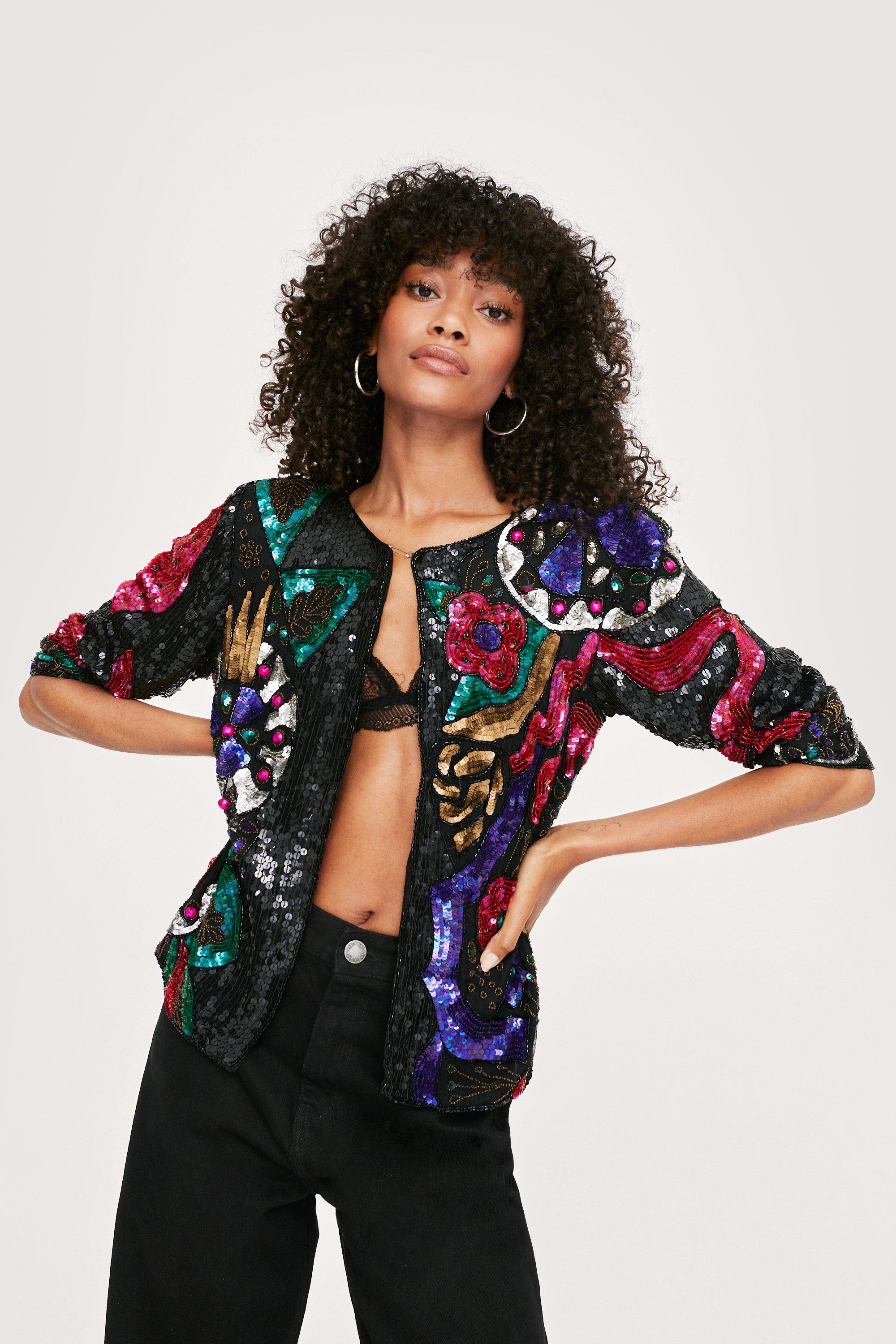 Vintage Embellished Crew Neck Cropped Jacket