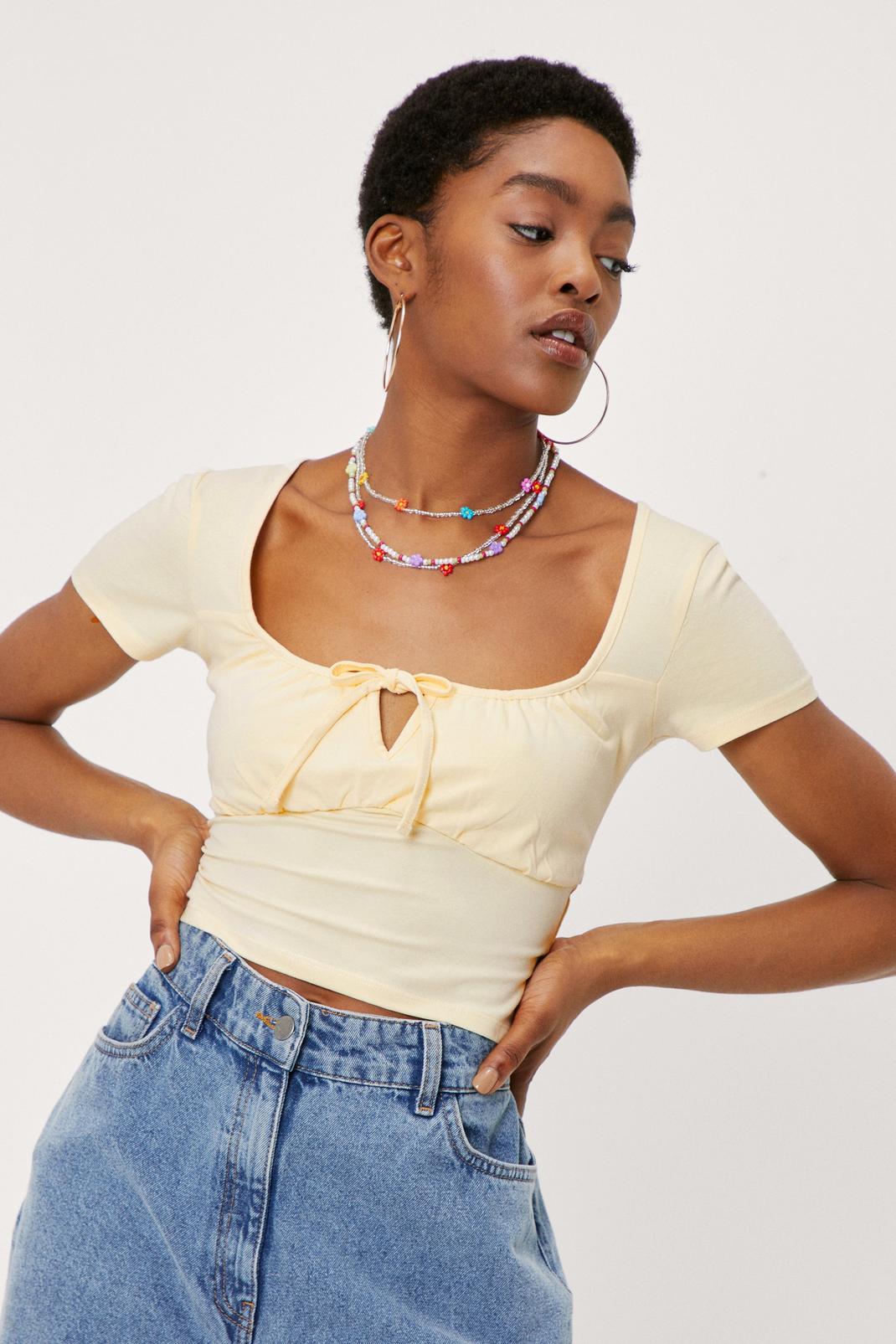 Lemon Tie Front Cut Out Puff Sleeve Crop Top image number 1