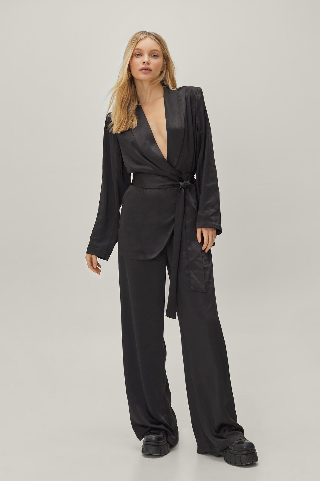 Black Satin Wide Leg High Waisted Trousers image number 1