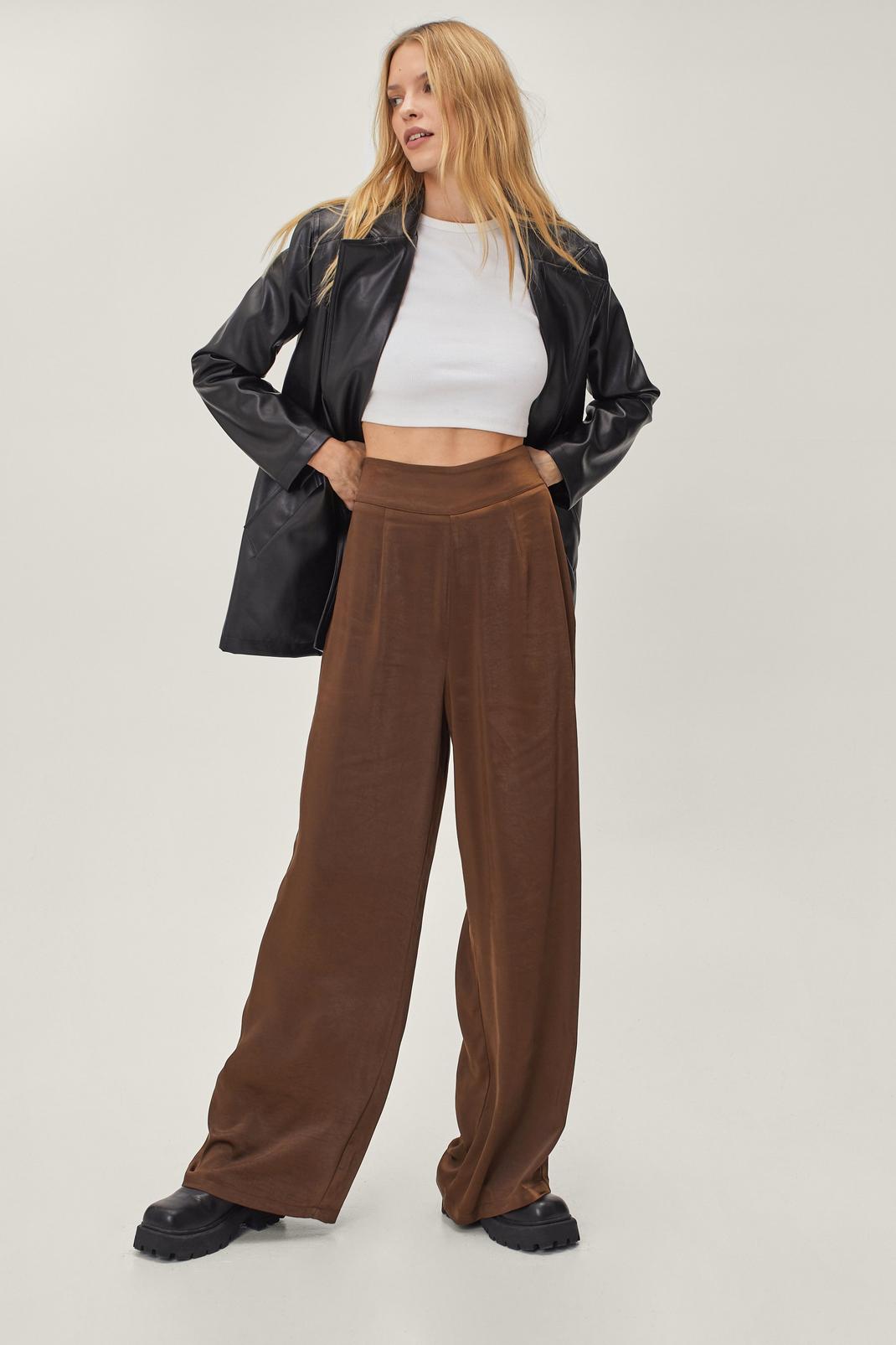 Chocolate Satin Wide Leg High Waisted Trousers image number 1