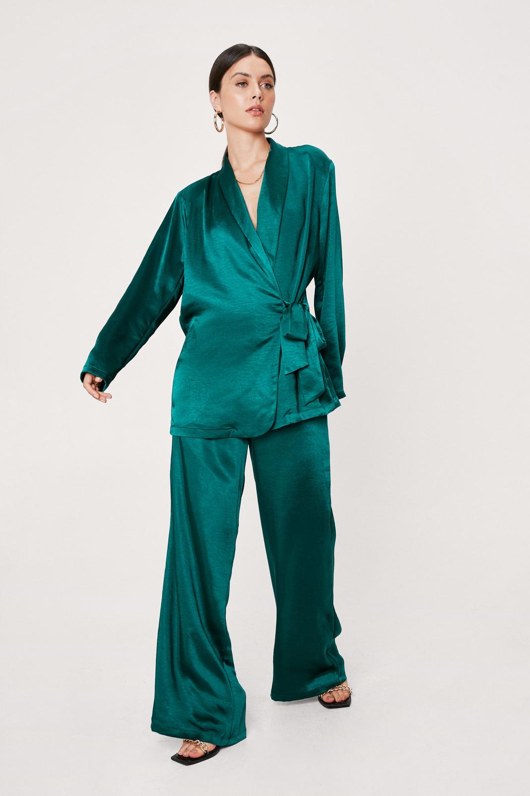 Emerald Satin Wide Leg High Waisted Trousers image number 1