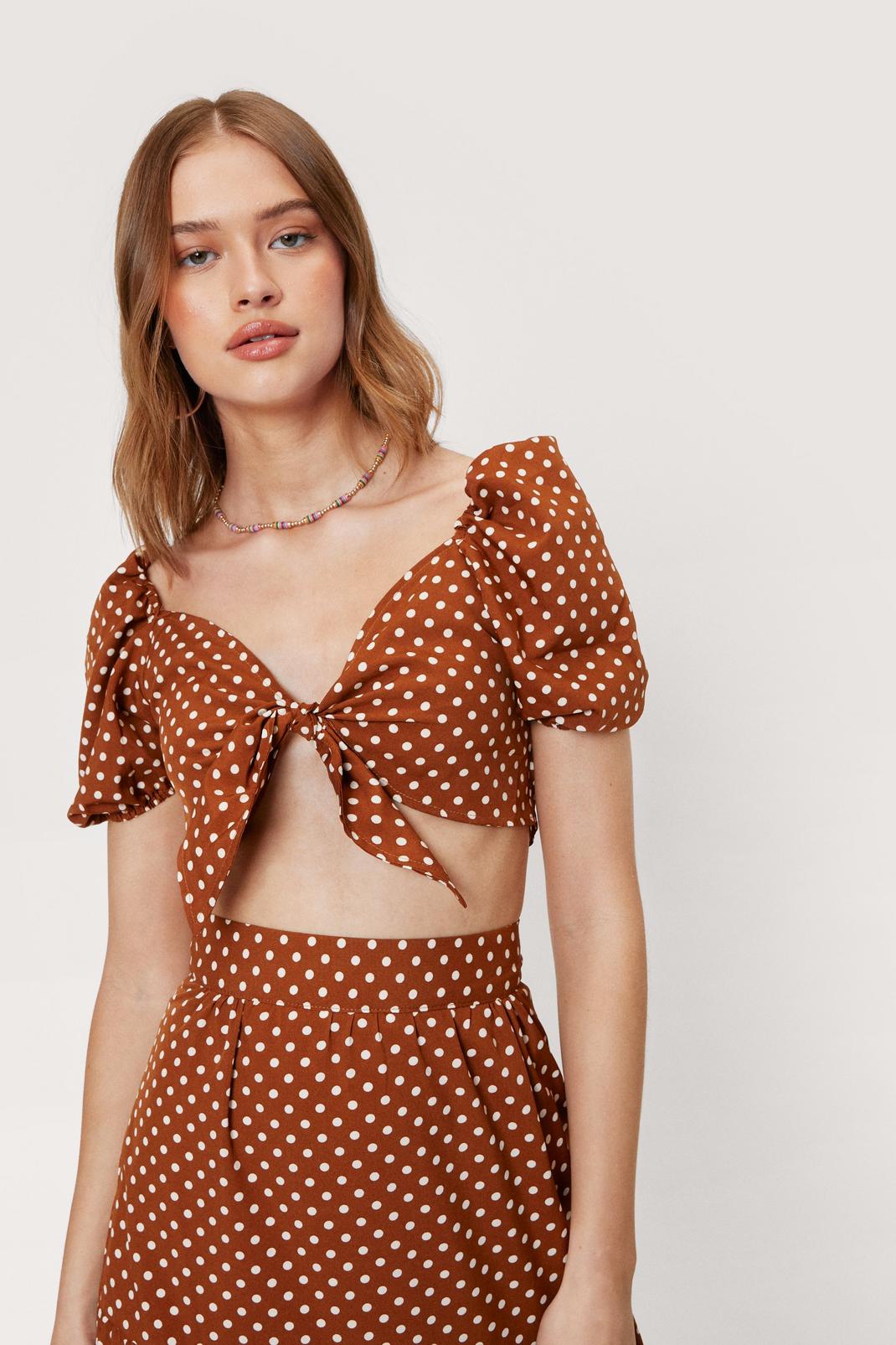 Chocolate Polka Dot Puff Sleeve Tie Front Crop Top image number 1