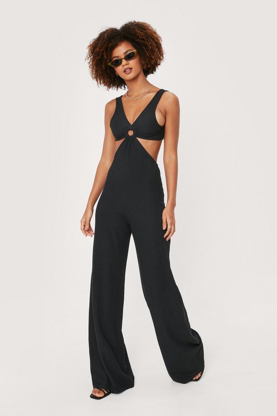 Ribbed O Ring Cut Out Wide Leg Jumpsuit
