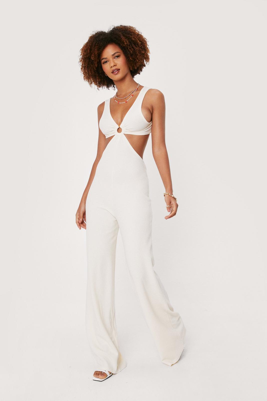 Ecru Ribbed O Ring Cut Out Wide Leg Jumpsuit image number 1