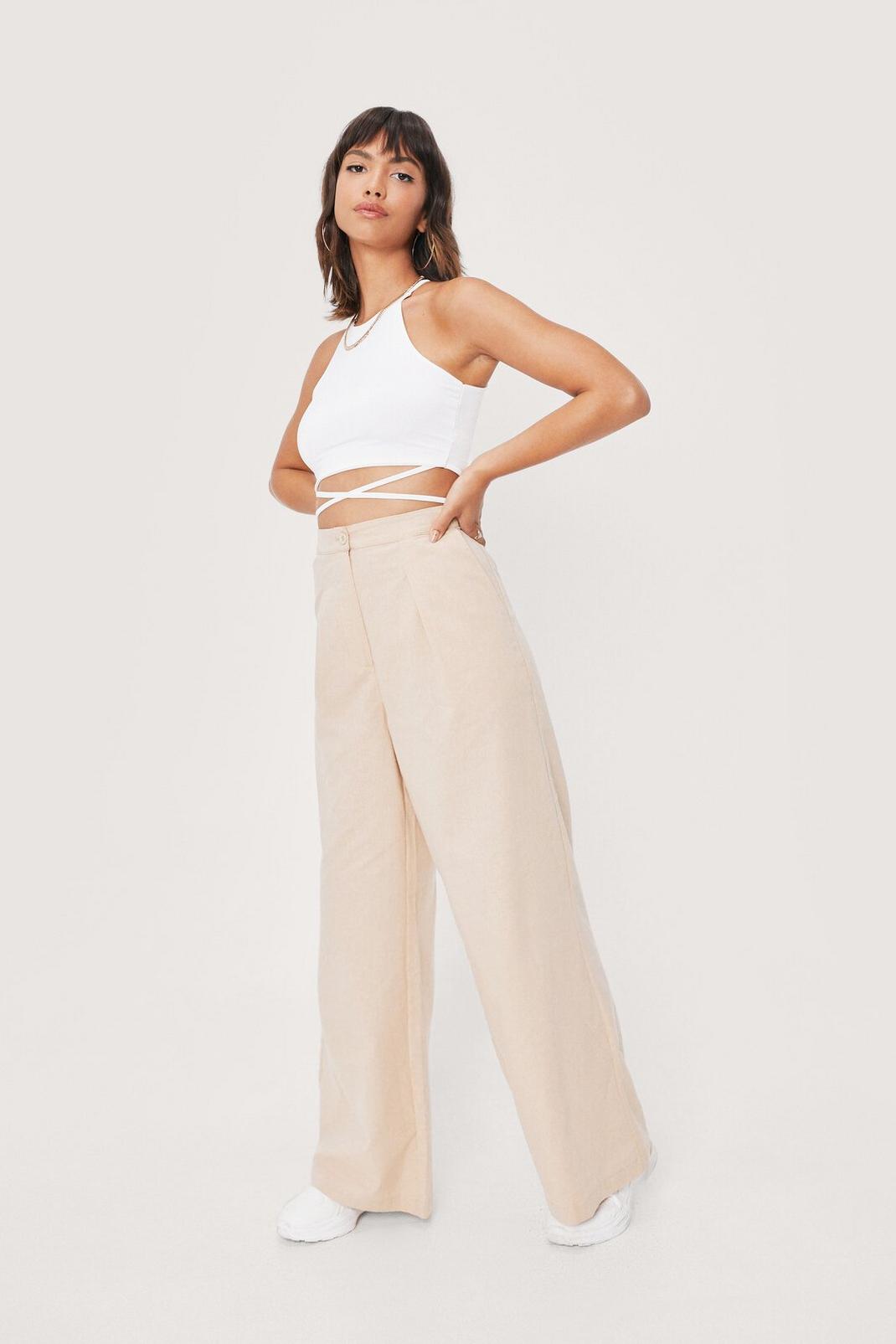 Natural Linen Look Wide Leg Trousers image number 1