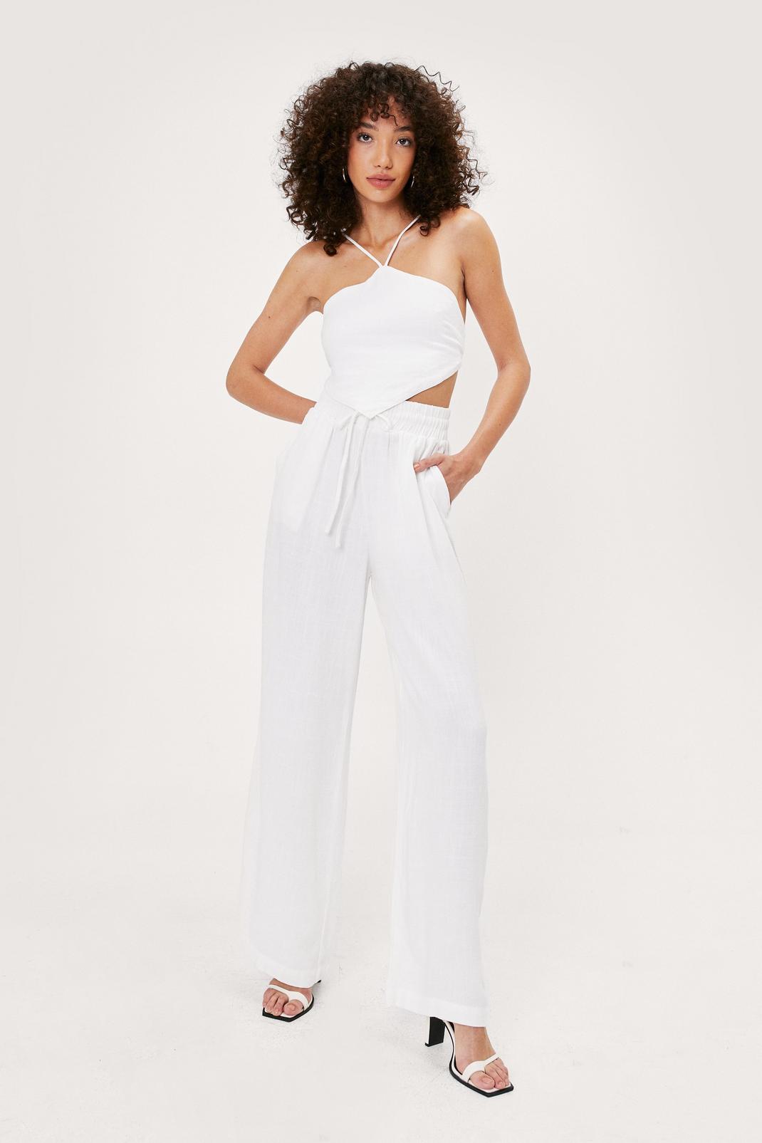 Pantalon large effet lin à poches et taille élastiquée, White image number 1