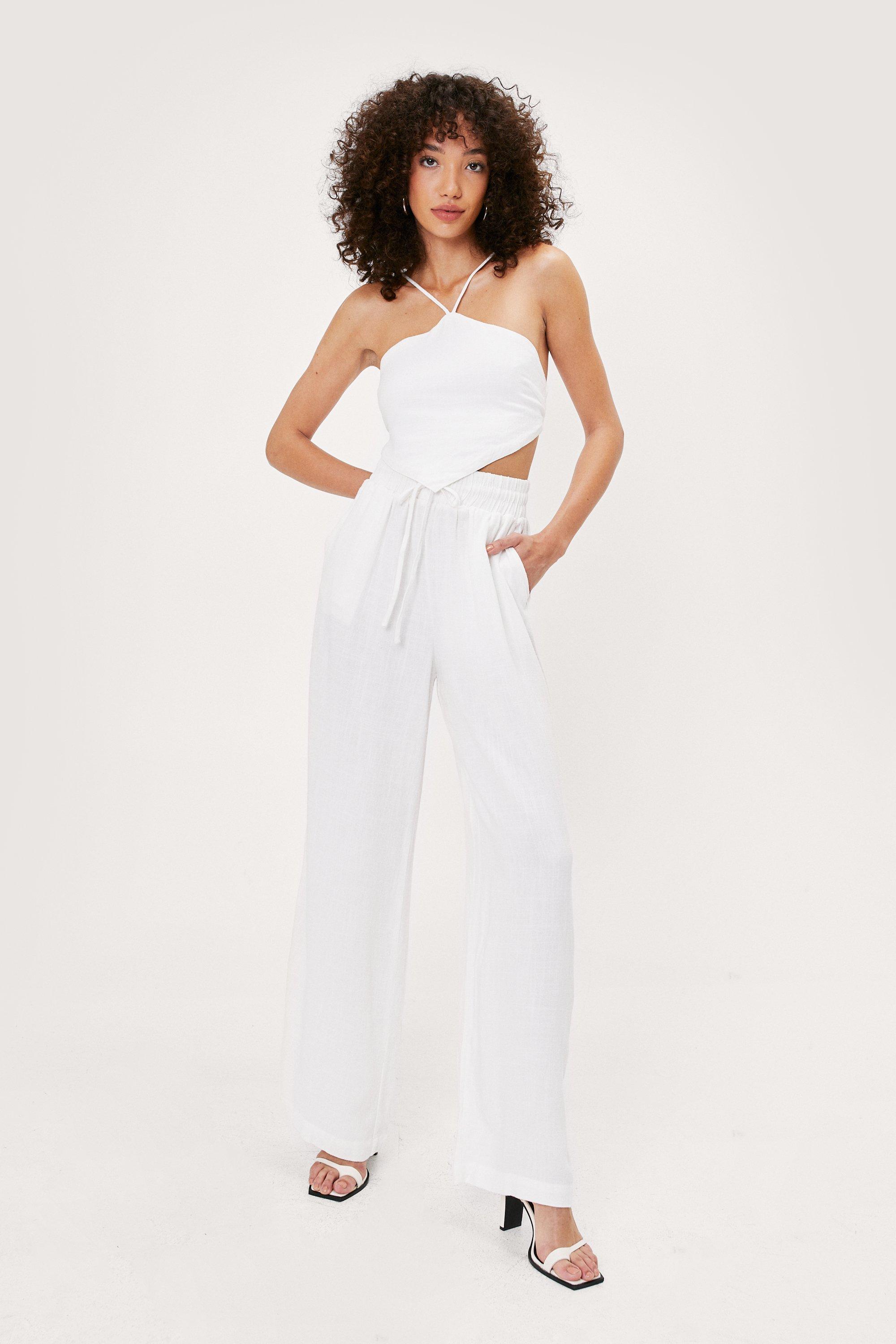 white linen drawstring trousers