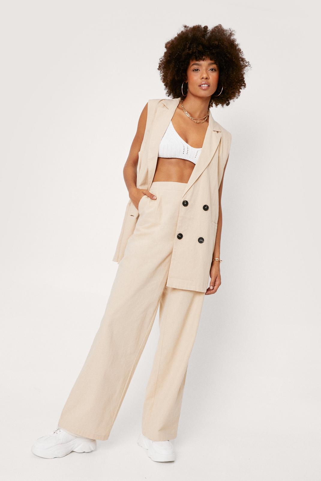 Natural Linen Look High Waisted Wide Leg Pants image number 1