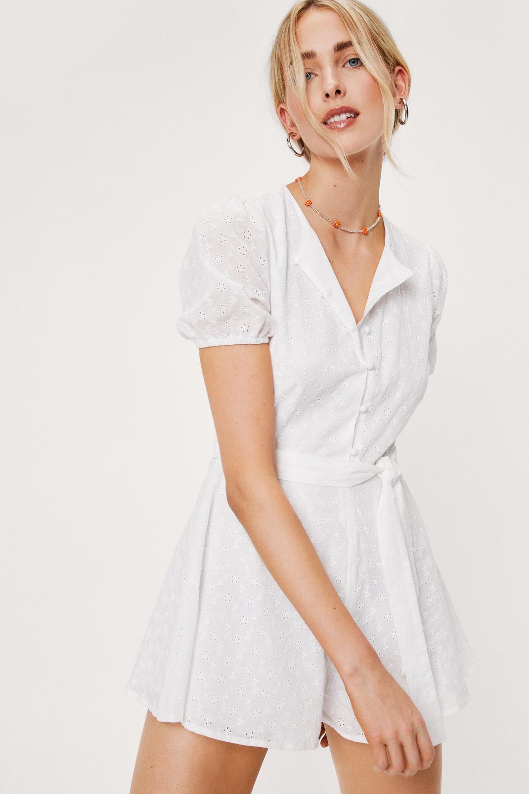 White Button Down Belted Broderie Romper image number 1
