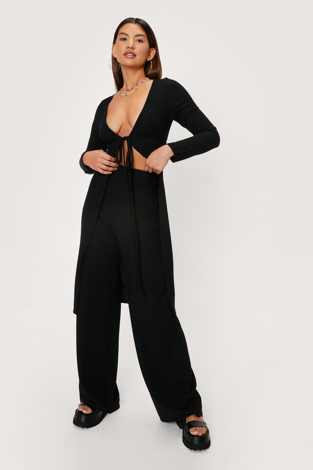Black Ribbed Longline Cardigan and Wide Leg Trousers Set image number 1