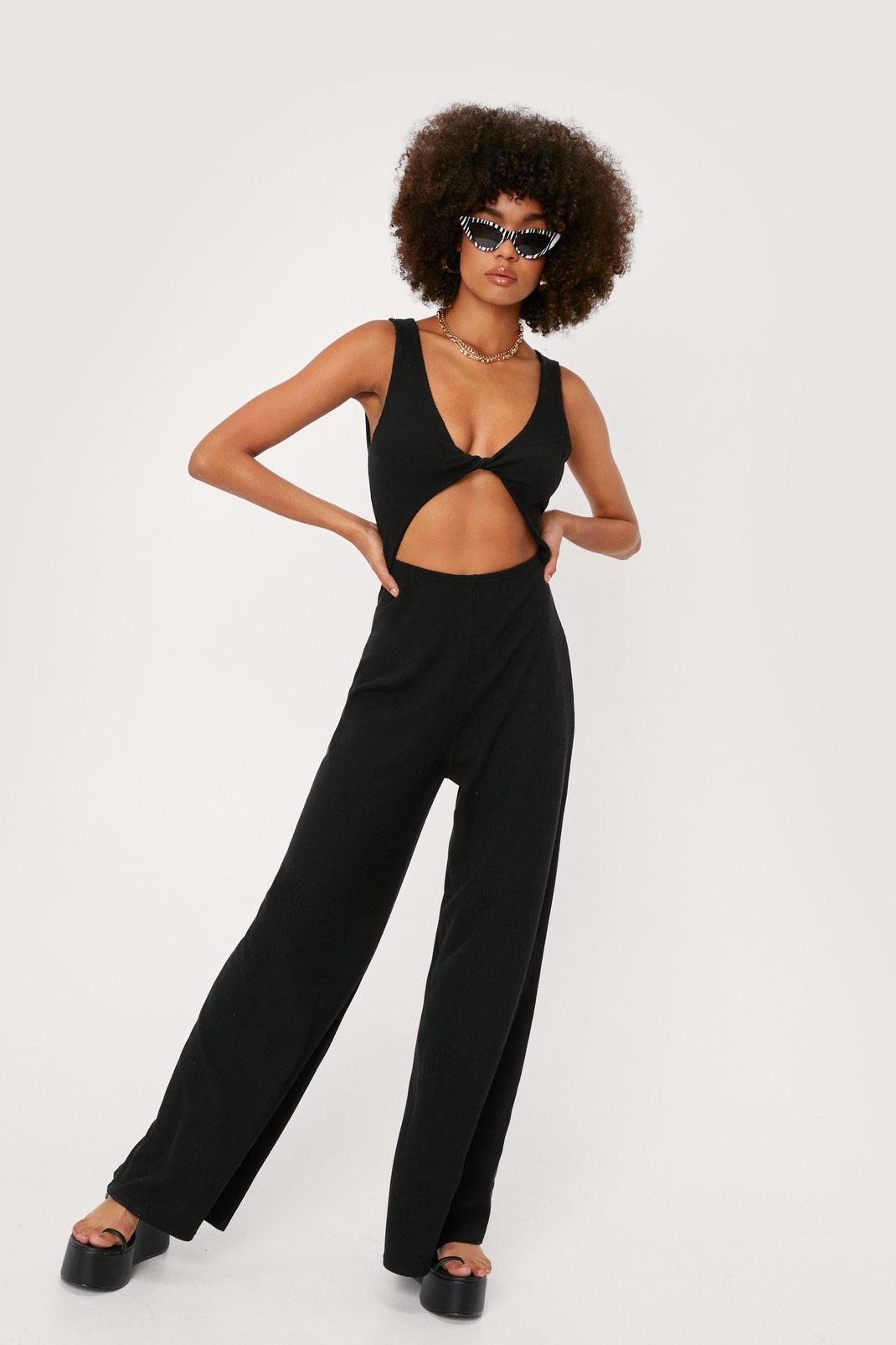 Black Ripple Rib Knot Front Cut Out Jumpsuit image number 1