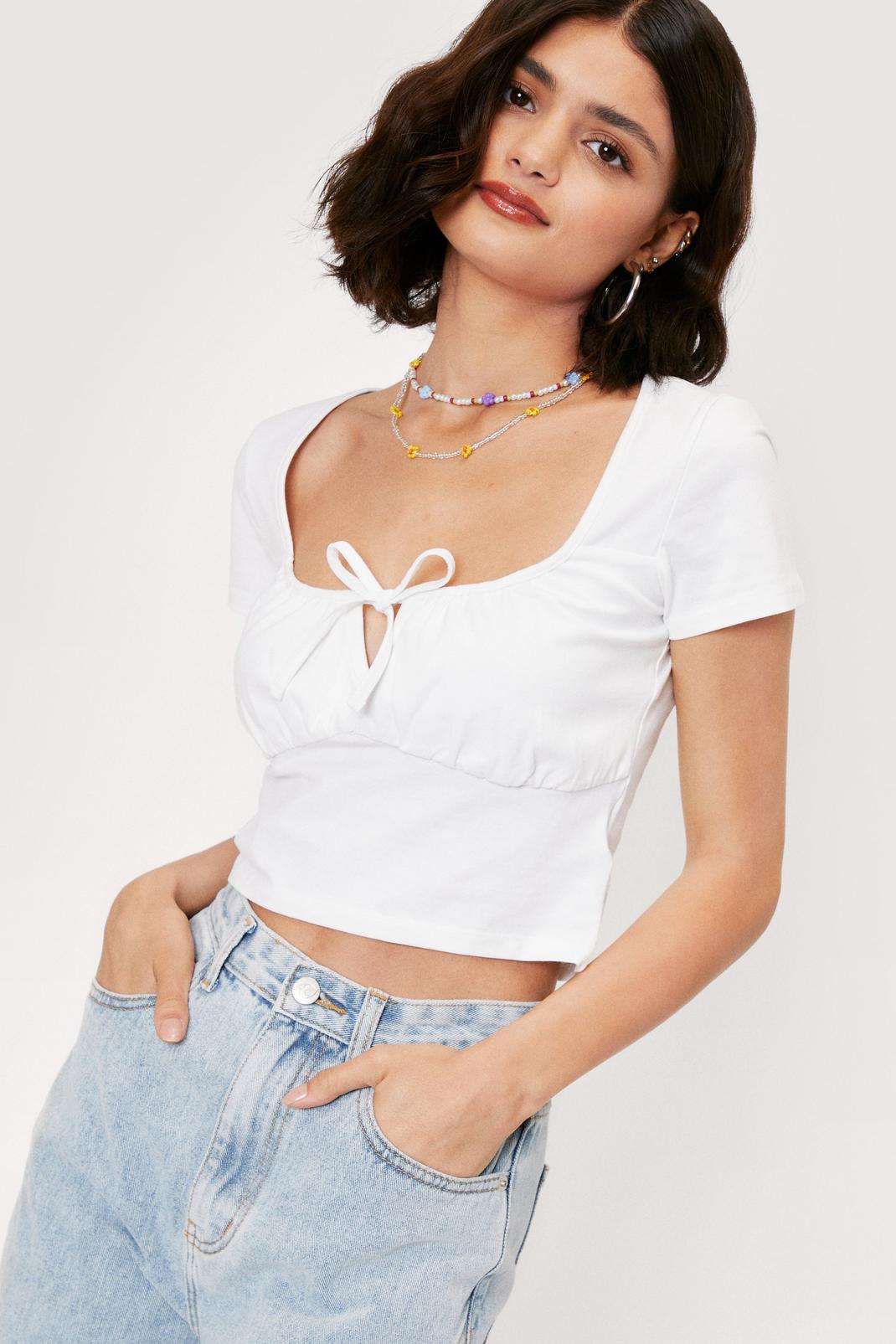 White Tie Front Square Neck Crop Top image number 1