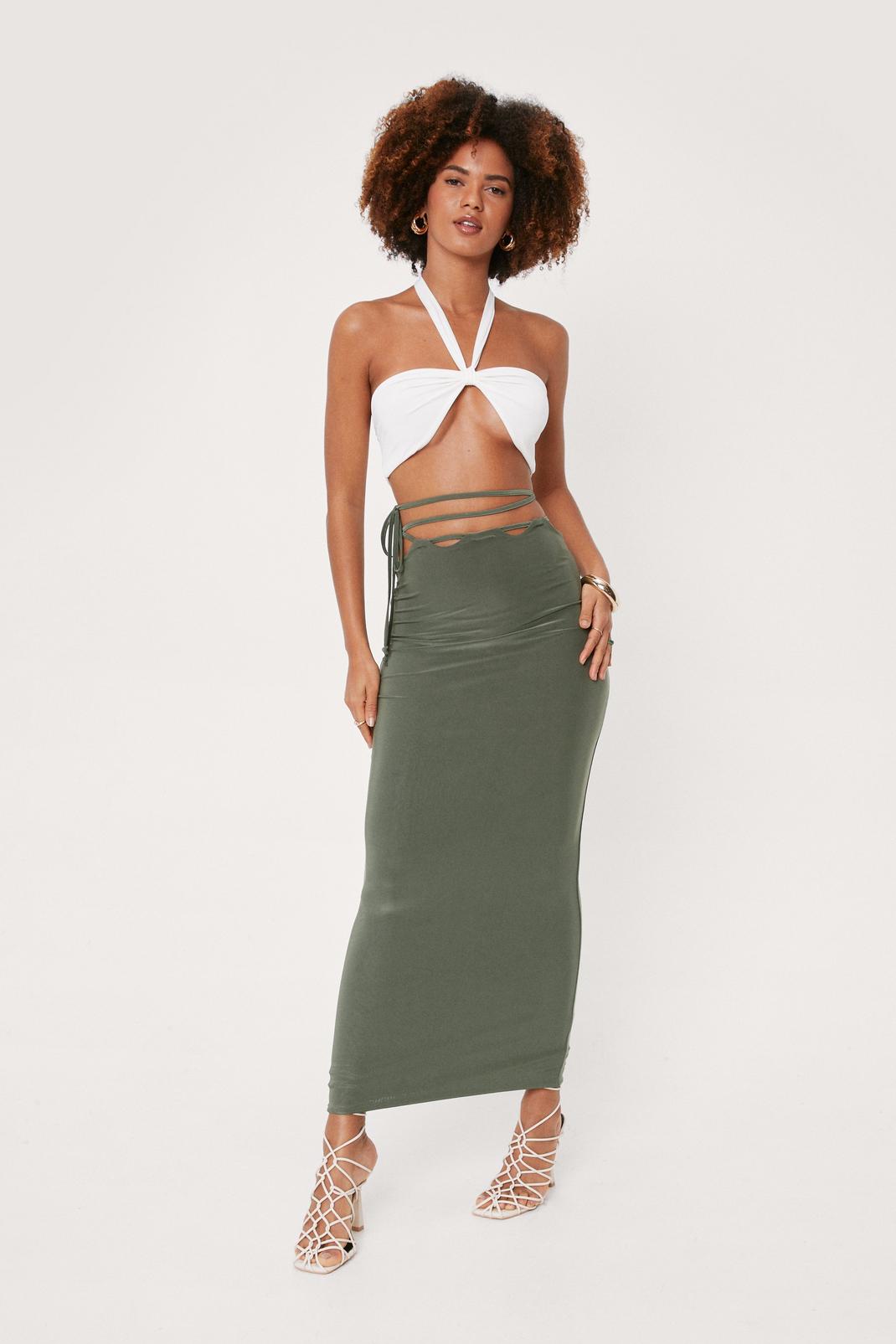 Green Slinky Wrap Waist Bodycon Maxi Skirt image number 1