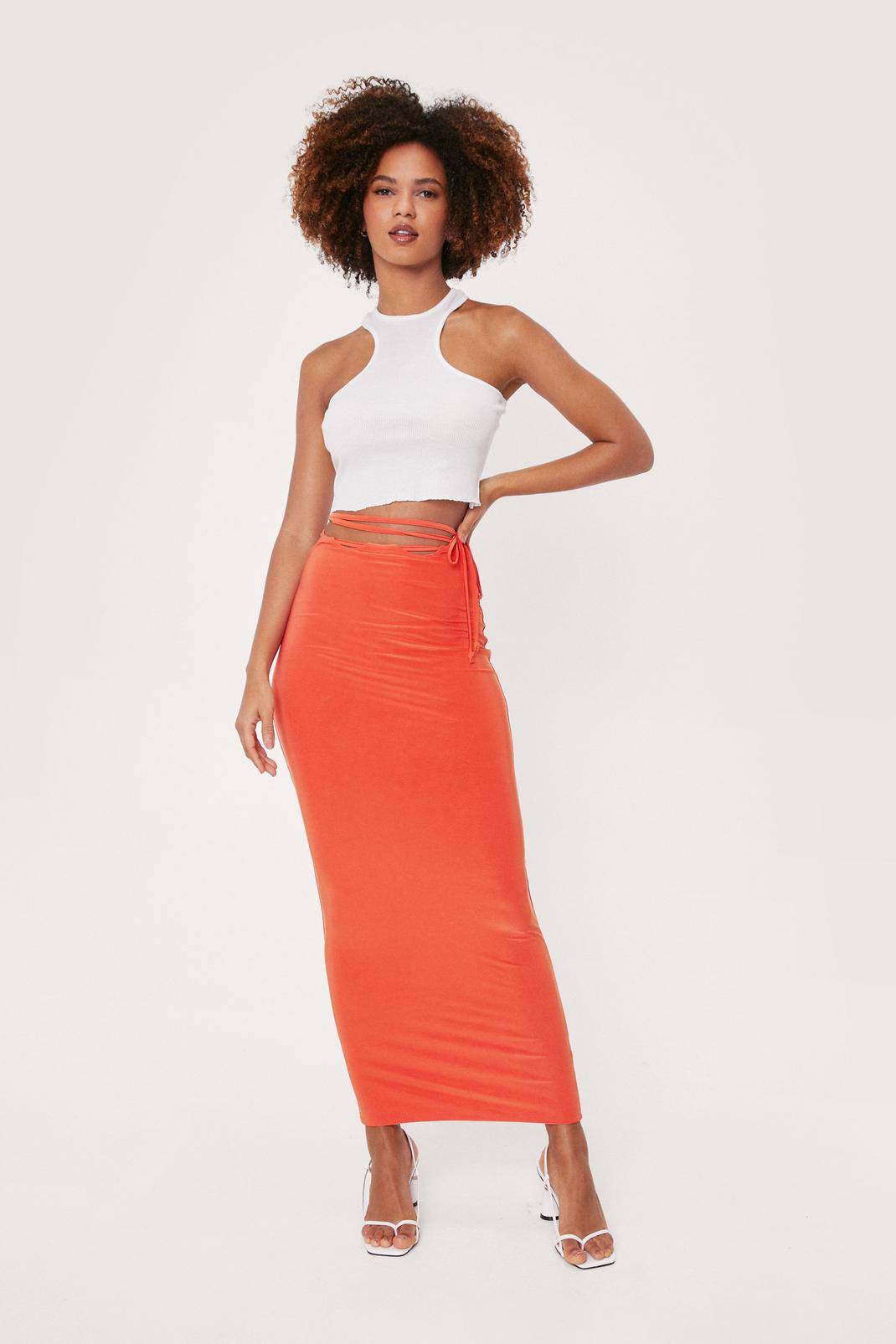 Orange Slinky Wrap Waist Bodycon Maxi Skirt image number 1