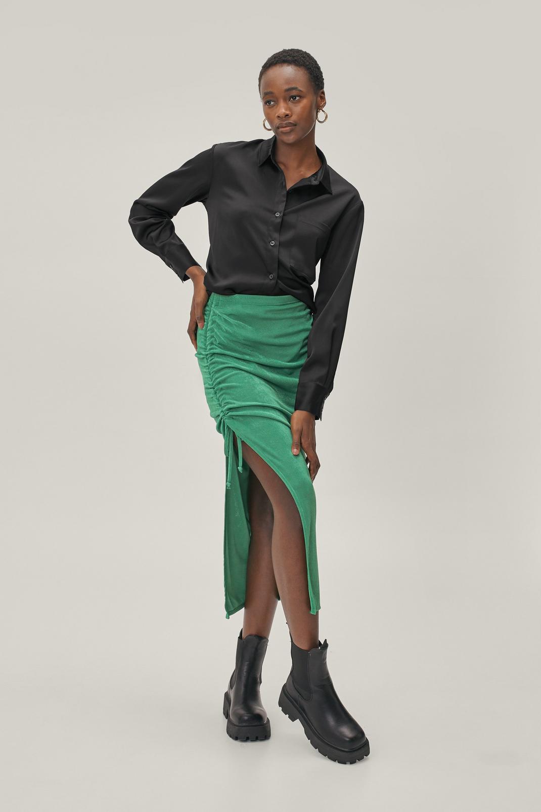 Green Ruched Tie Side Split Hem Midi Skirt image number 1