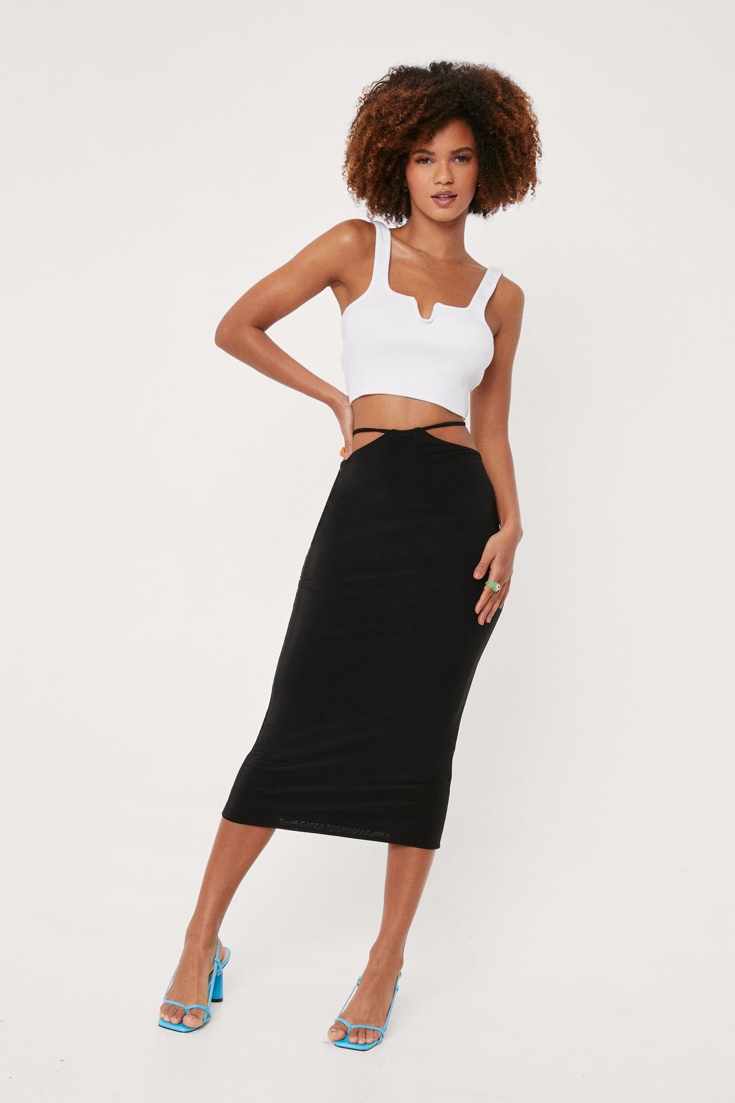 Black Tie Waist Cut Out Bodycon Midi Skirt image number 1