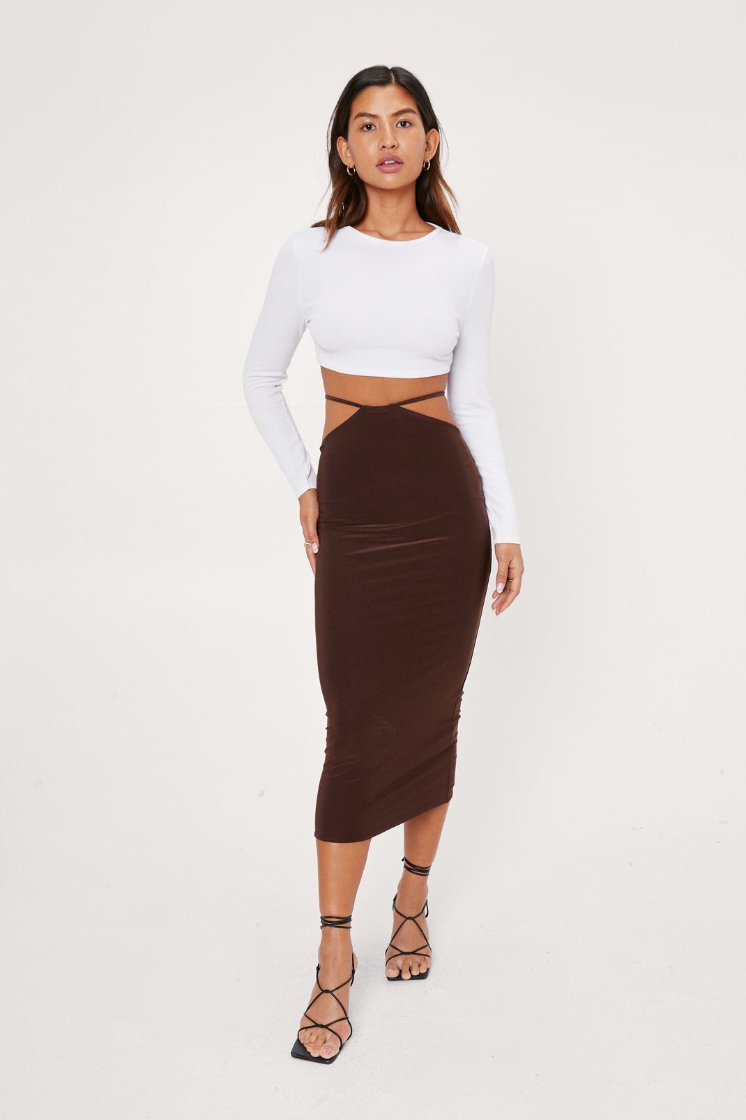 Chocolate Tie Waist Cut Out Bodycon Midi Skirt image number 1