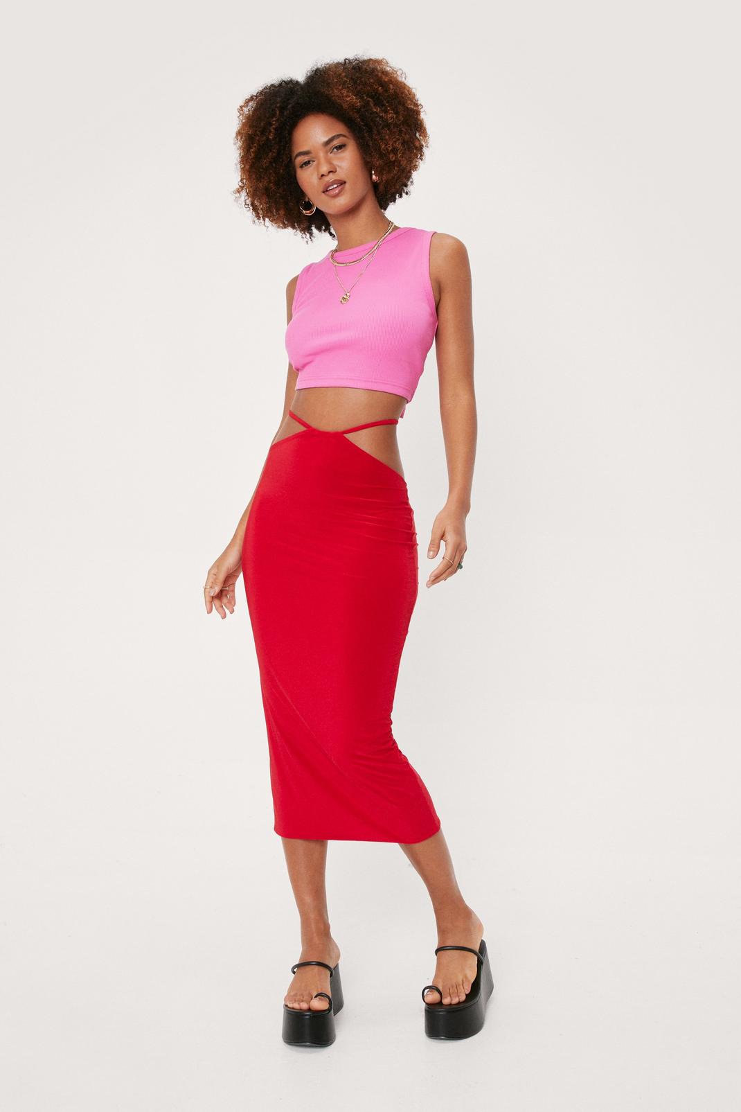 Red Tie Waist Cut Out Bodycon Midi Skirt image number 1