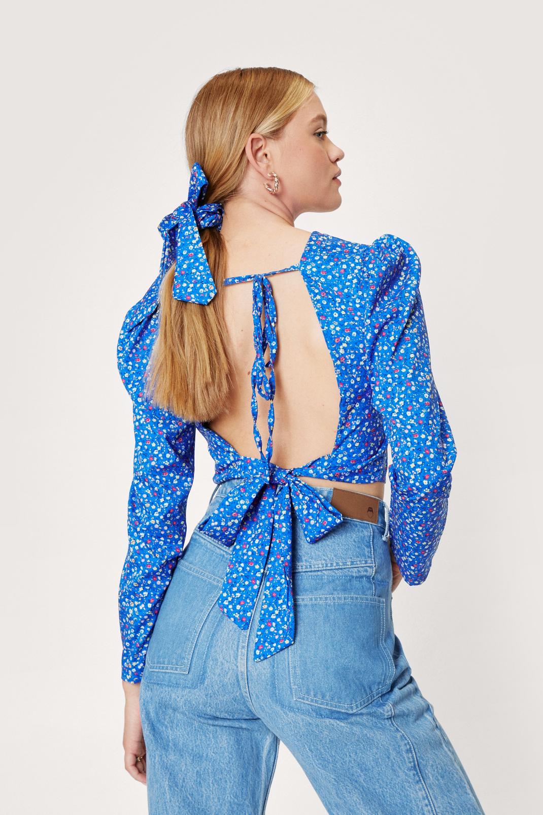 Blue Ditsy Floral Open Back Blouse and Hair Tie Set image number 1