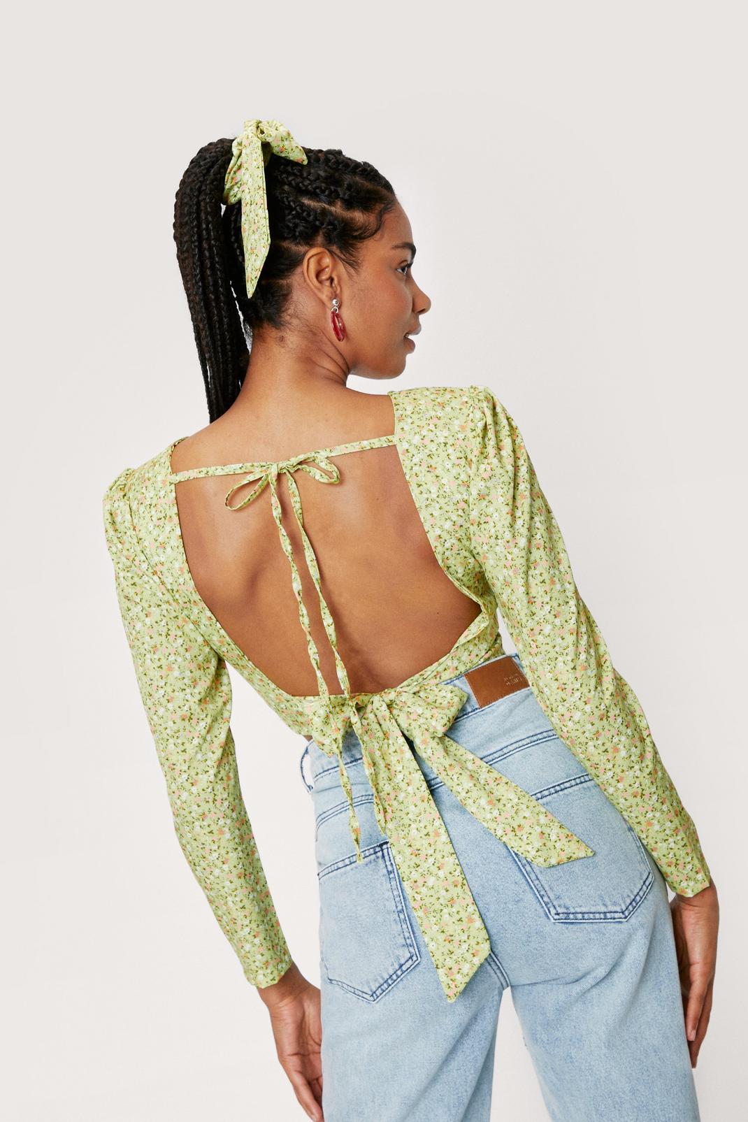 Lime Ditsy Floral Open Back Blouse and Hair Tie Set image number 1