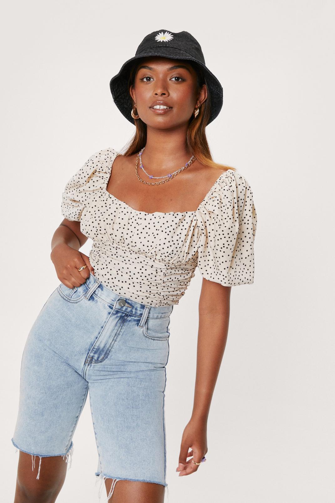 Spotty Print Puff Sleeve Square Neck Blouse
