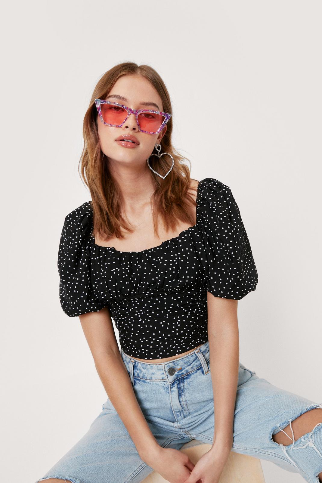 Black Spotty Print Puff Sleeve Square Neck Blouse image number 1