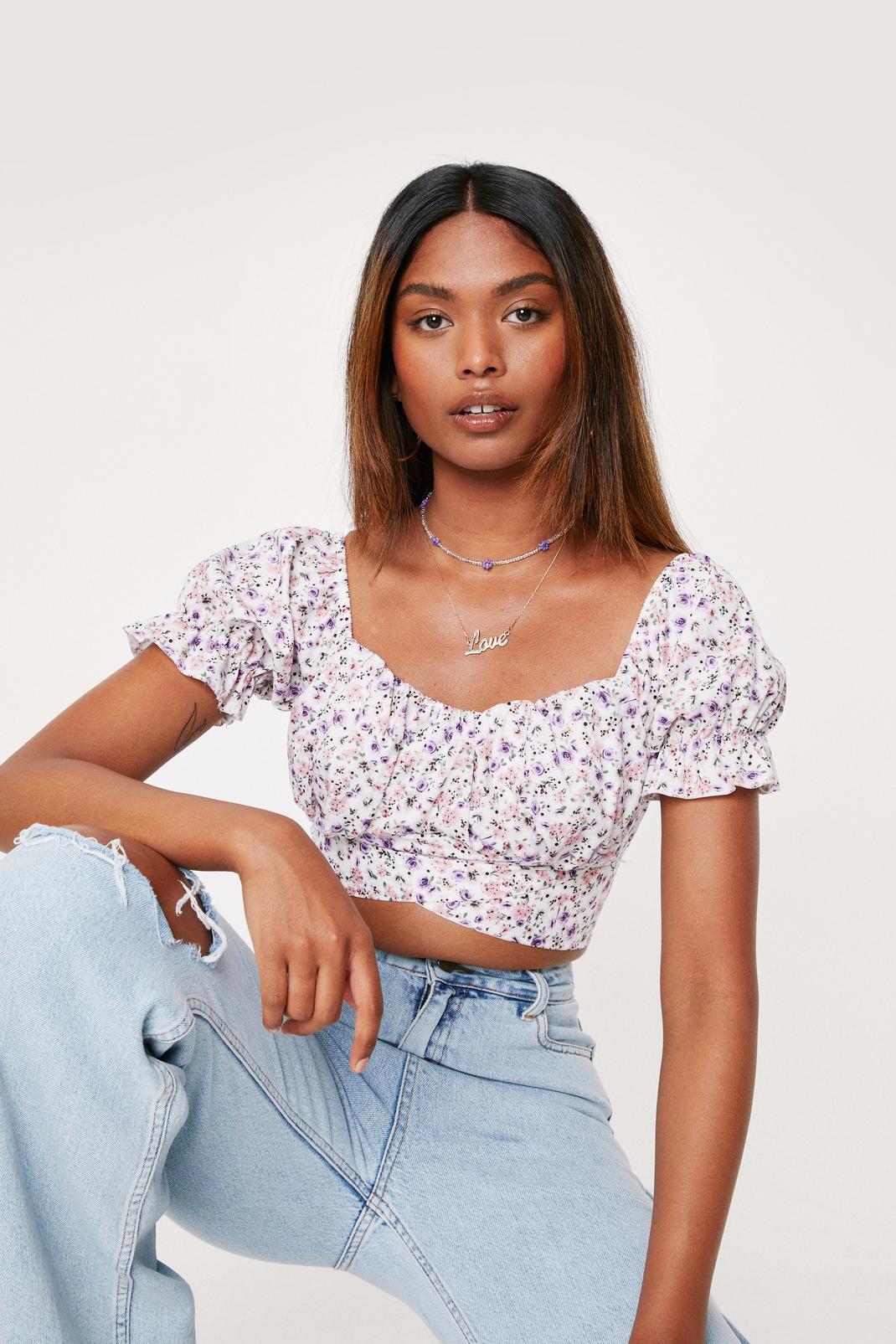 White Floral Puff Sleeve Tie Back Crop Top image number 1