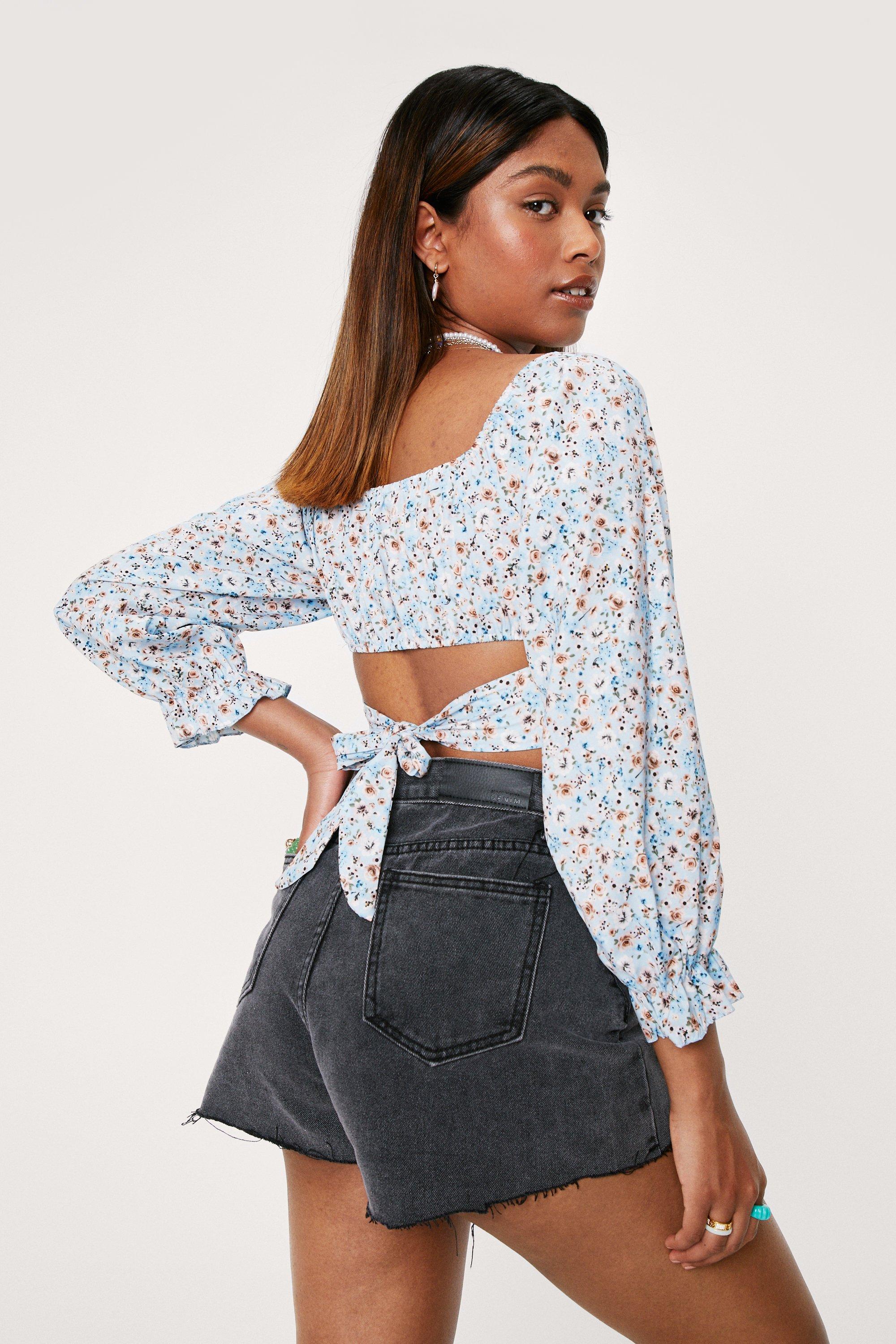 Floral Long Sleeve Cropped Blouse