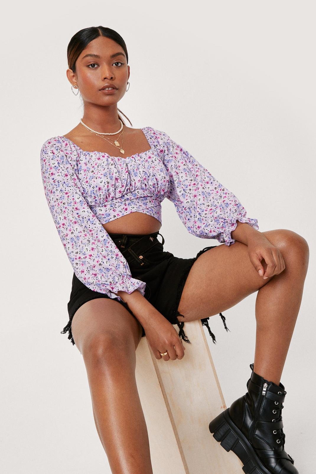 Lilac Floral Long Sleeve Cropped Blouse image number 1
