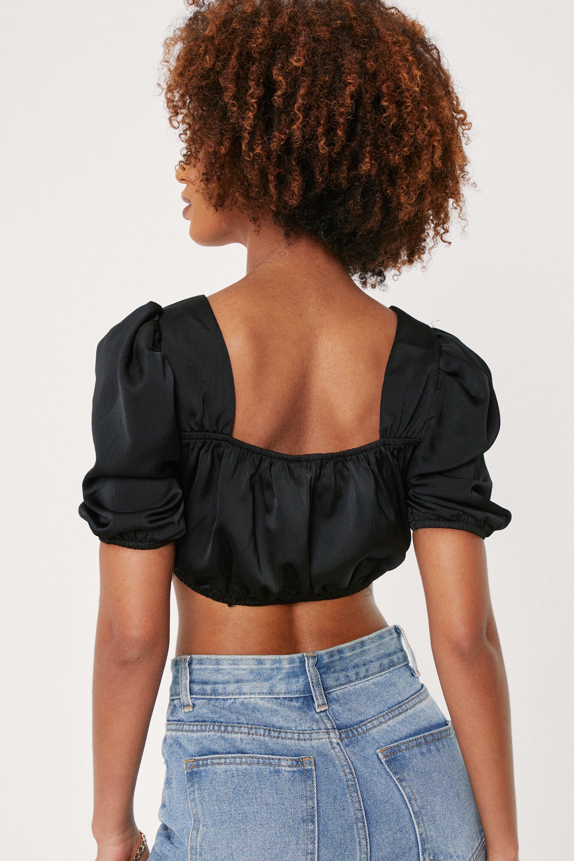 Black puff sleeve crop top hot sale